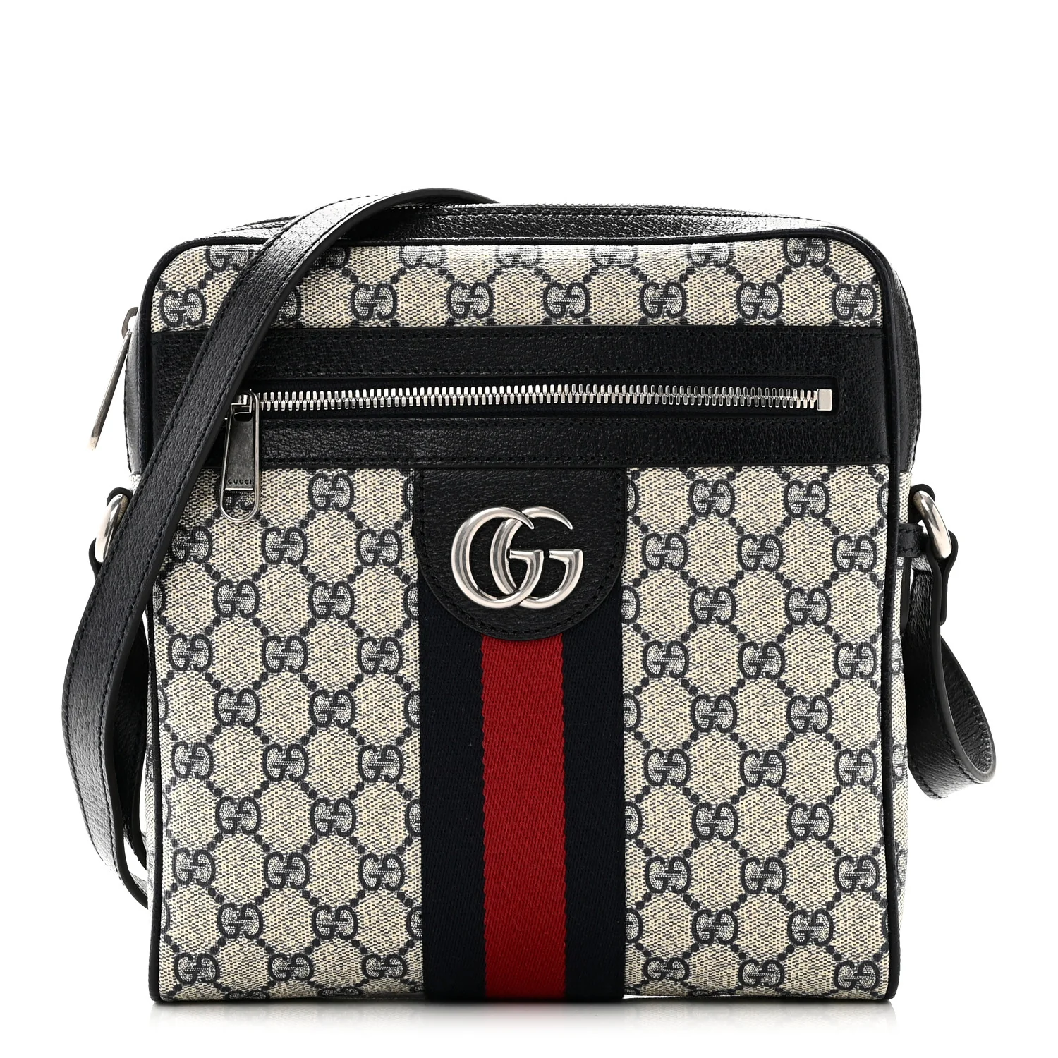 GG Supreme Monogram Textured Dollar Calfskin Web Small Ophidia Messenger Bag Beige Blue