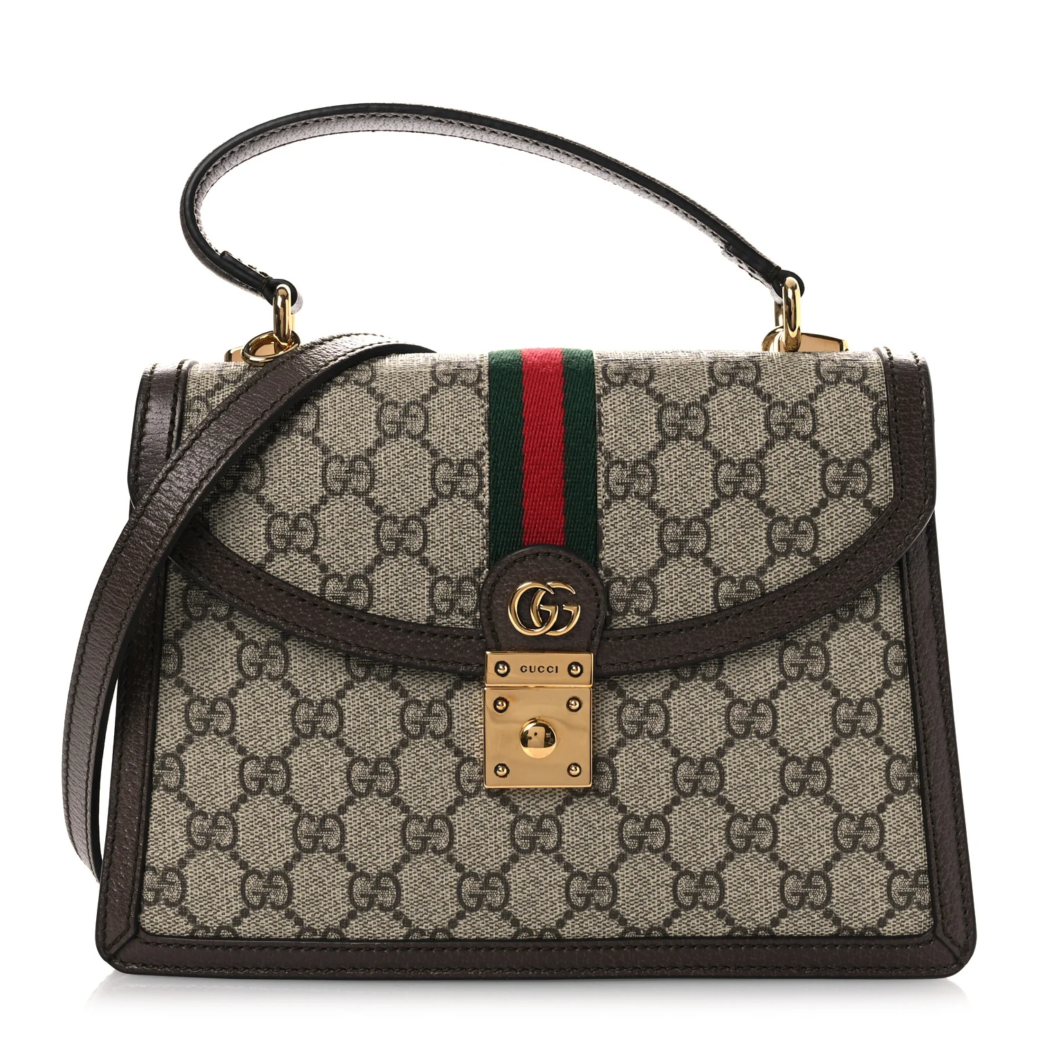 GG Supreme Monogram Textured Dollar Calfskin Web Small Ophidia Padlock Top Handle Bag Beige Ebony New Acero
