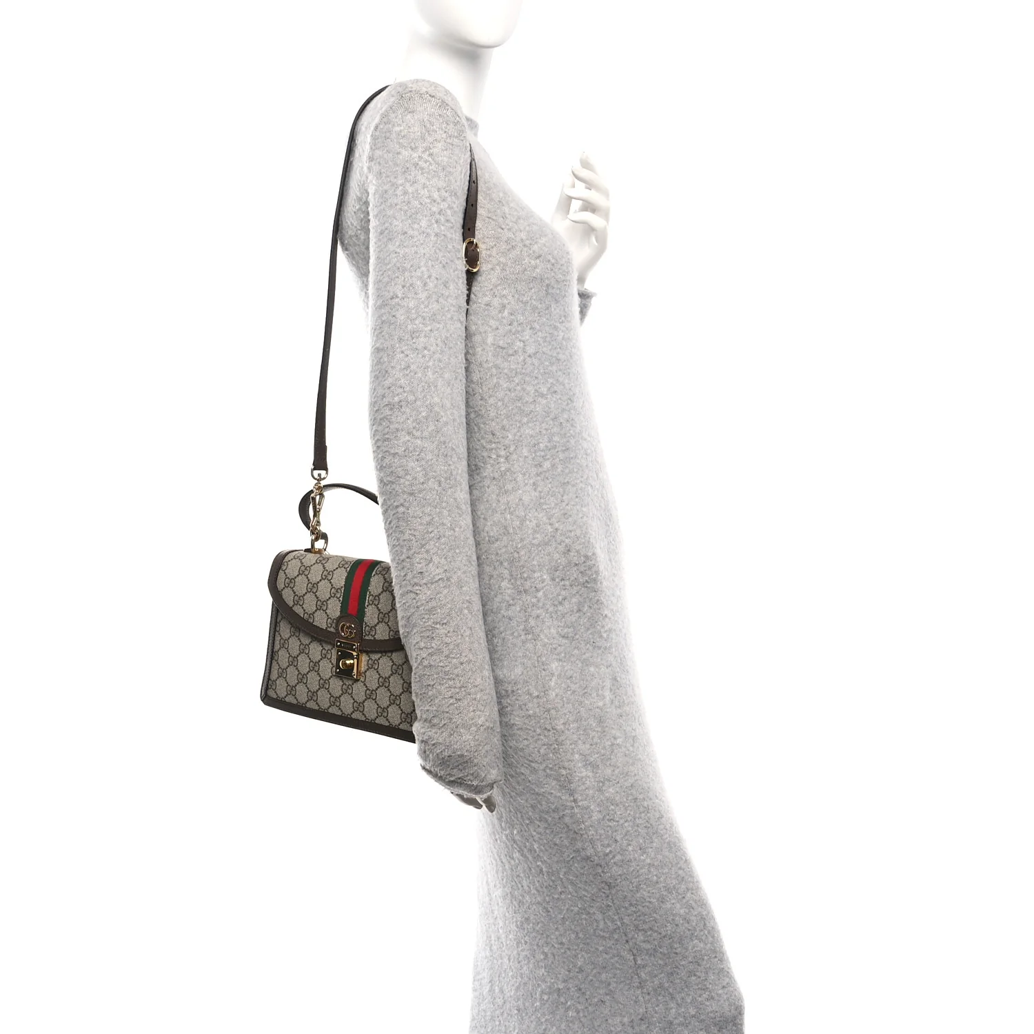 GG Supreme Monogram Textured Dollar Calfskin Web Small Ophidia Padlock Top Handle Bag Beige Ebony New Acero - Image 2
