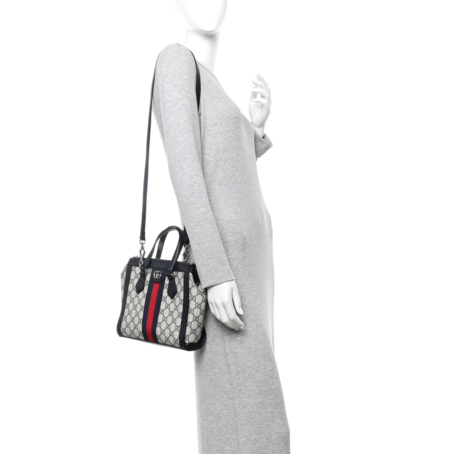 GG Supreme Monogram Textured Dollar Calfskin Web Small Ophidia Tote Bag Beige Blue - Image 2