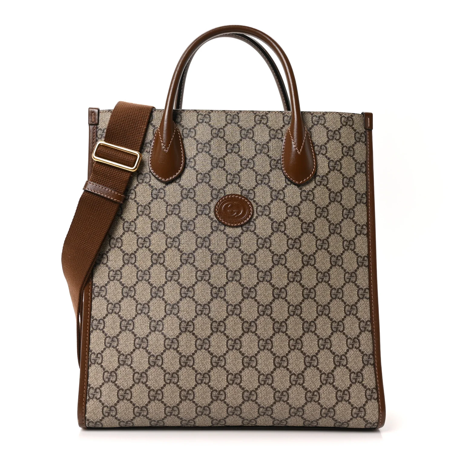 GG Supreme Monogram Textured Dollar Calfskin Web Small Retro Interlocking G Vertical Tote Bag Beige Ebony Brown Sugar