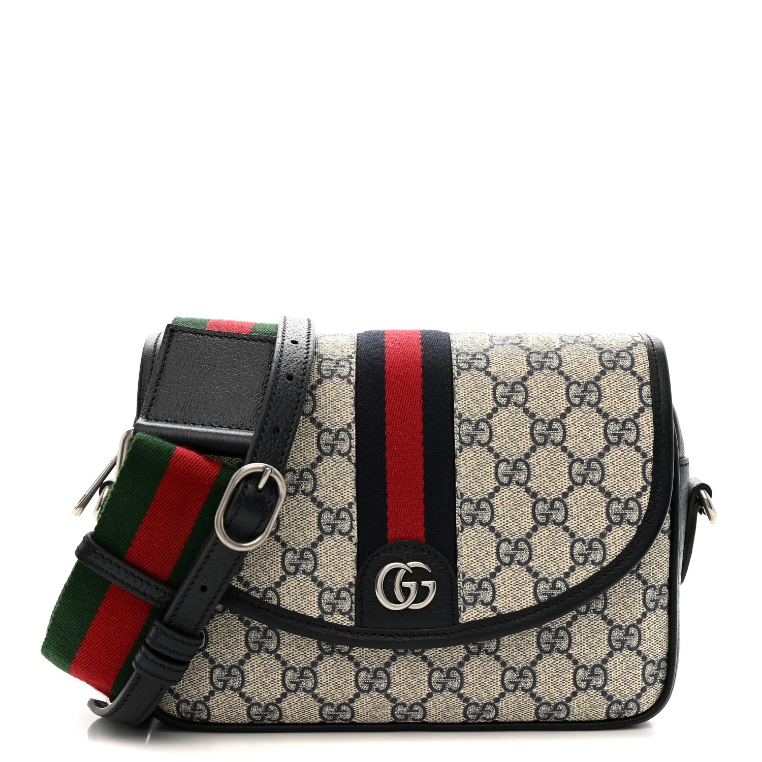 GG Supreme Monogram Textured Dollar Calfskin Web Studded Mini Ophidia Flap Shoulder Bag Beige Blue