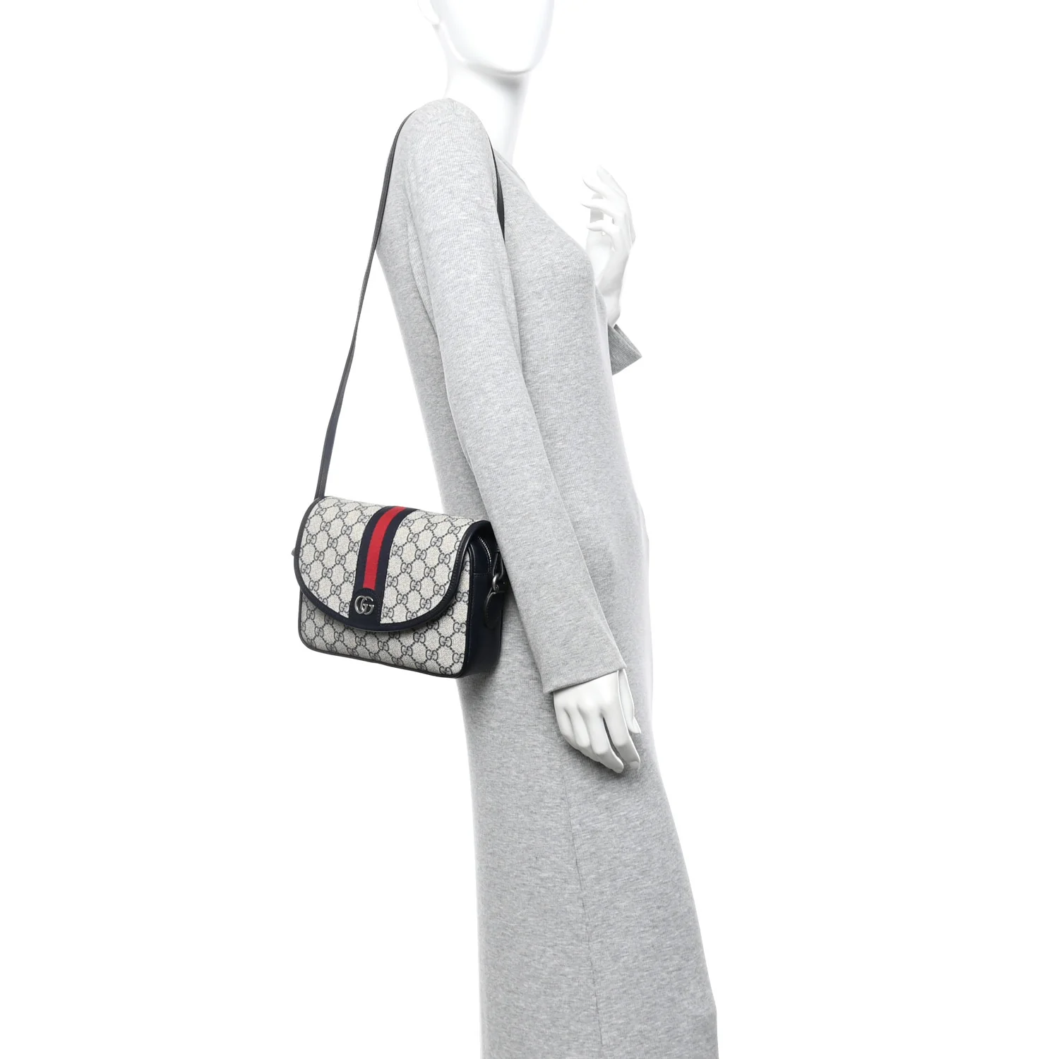 GG Supreme Monogram Textured Dollar Calfskin Web Studded Mini Ophidia Flap Shoulder Bag Beige Blue - Image 2