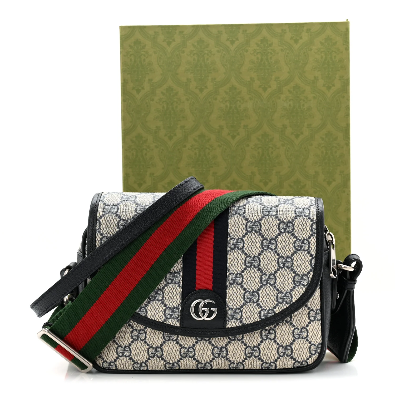 GG Supreme Monogram Textured Dollar Calfskin Web Studded Mini Ophidia Flap Shoulder Bag Beige Blue - Image 12