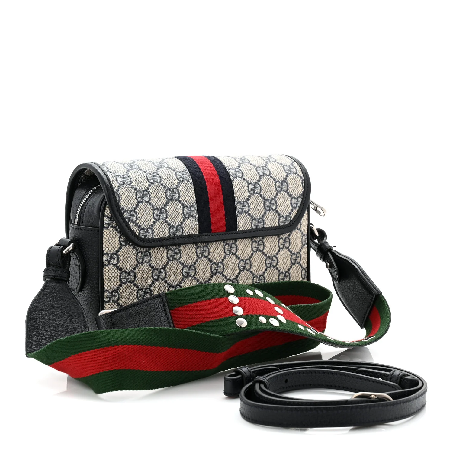 GG Supreme Monogram Textured Dollar Calfskin Web Studded Mini Ophidia Flap Shoulder Bag Beige Blue - Image 3