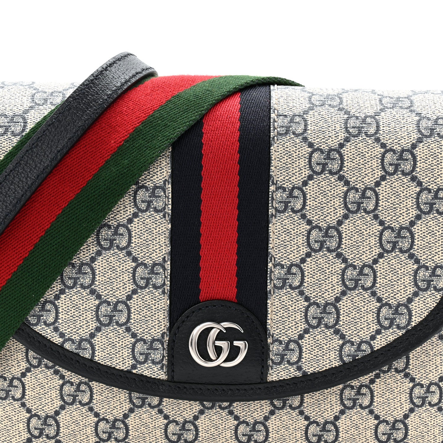 GG Supreme Monogram Textured Dollar Calfskin Web Studded Mini Ophidia Flap Shoulder Bag Beige Blue - Image 8