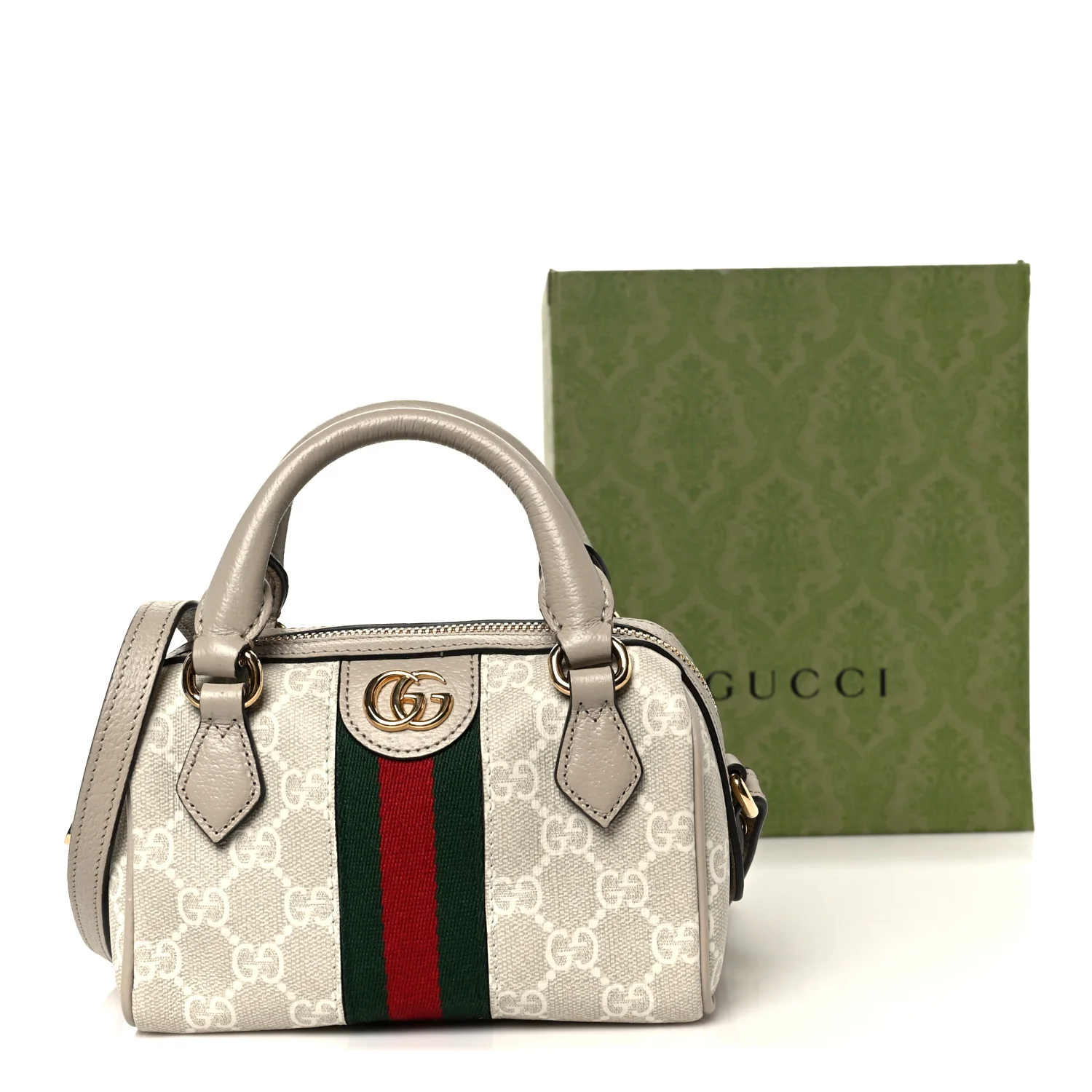 GG Supreme Monogram Textured Dollar Calfskin Web Super Mini Ophidia Top Handle Bowler Bag Beige Mystic White Oatmeal - Image 11