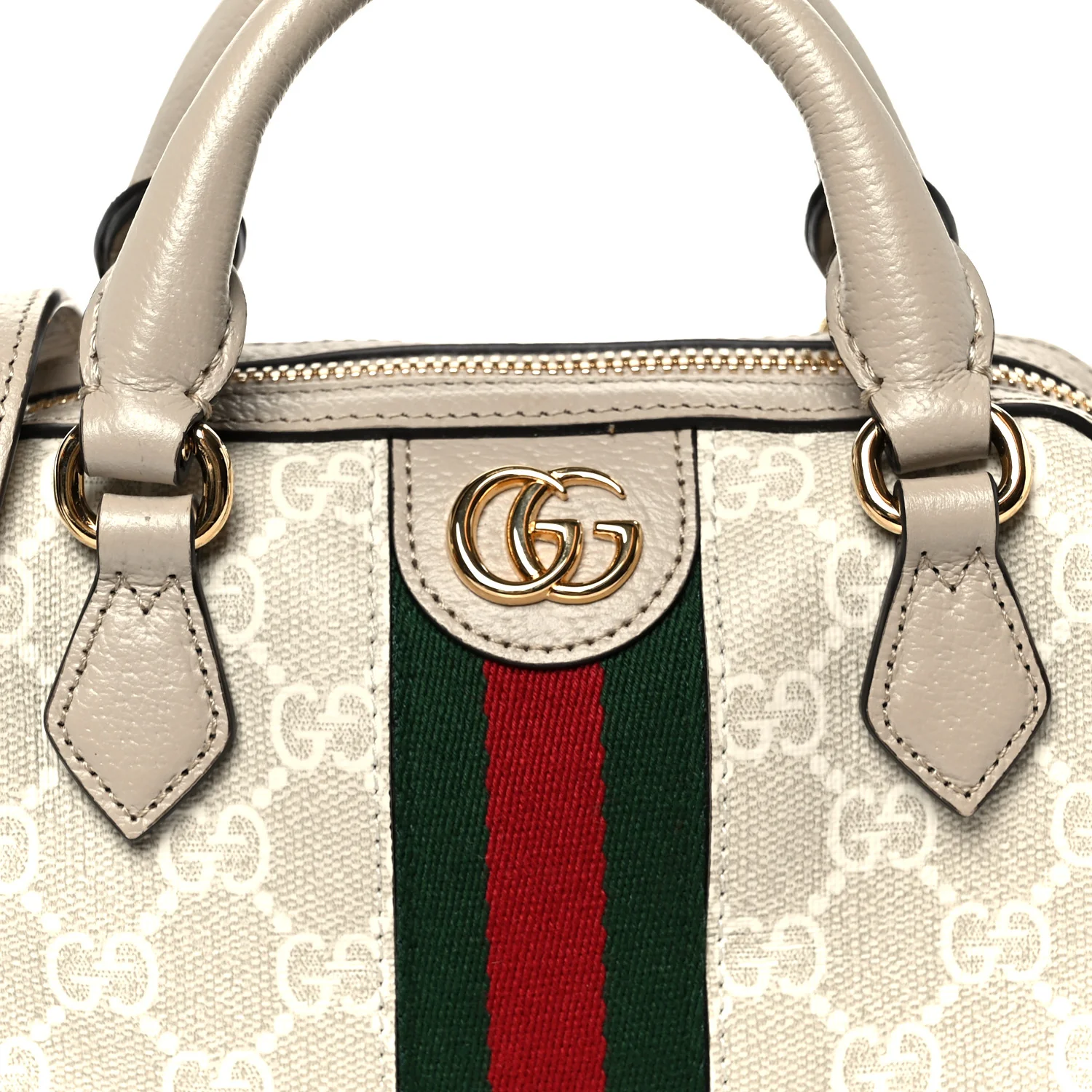 GG Supreme Monogram Textured Dollar Calfskin Web Super Mini Ophidia Top Handle Bowler Bag Beige Mystic White Oatmeal - Image 8