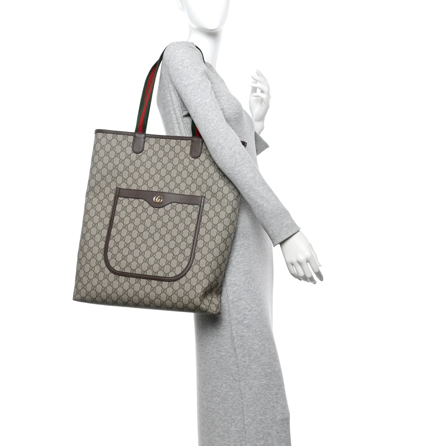 GG Supreme Monogram Web Large Ophidia Vertical Front Pocket Shopping Tote Brown - Image 2