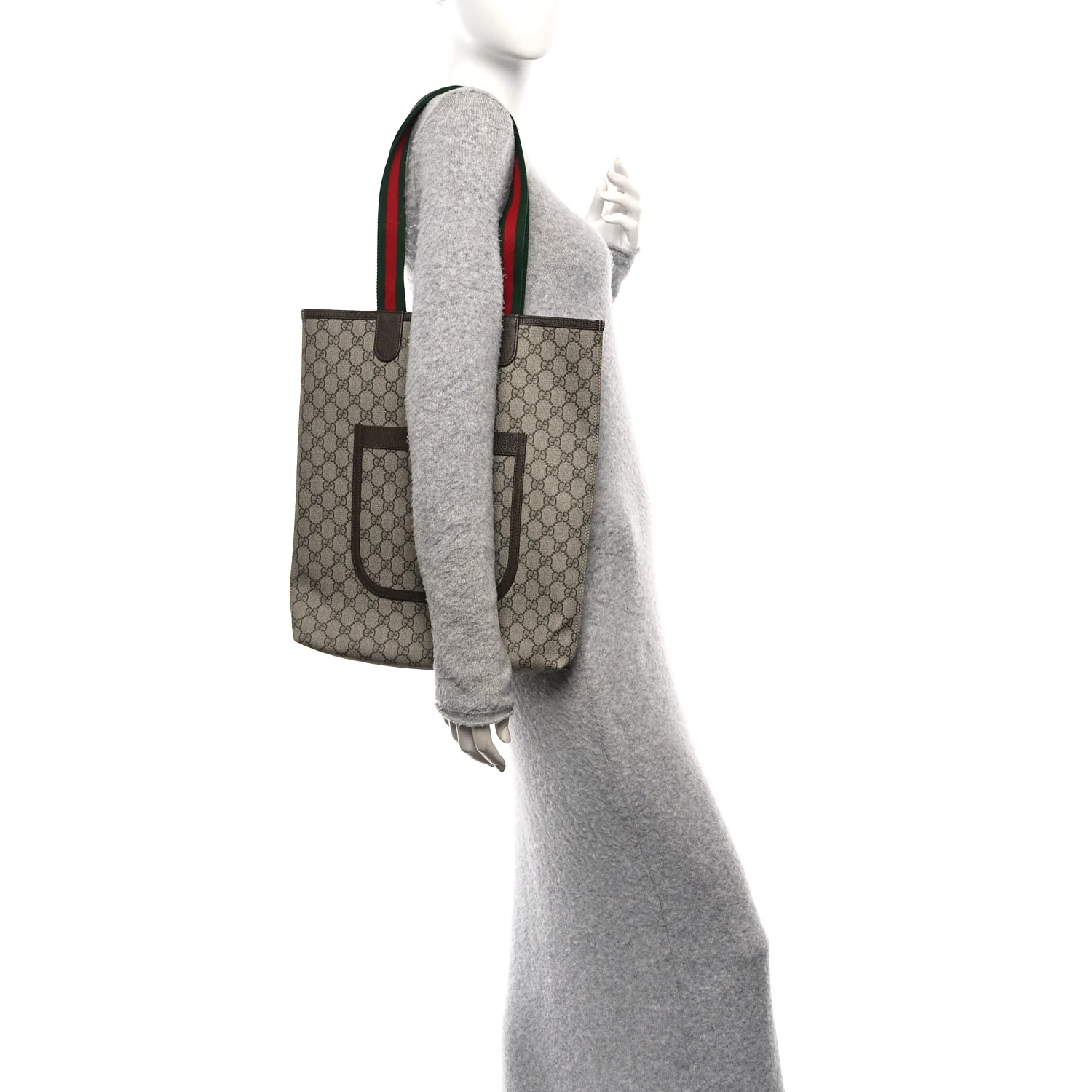 GG Supreme Monogram Web Ophidia Vertical Front Pocket Shopping Tote Brown - Image 2