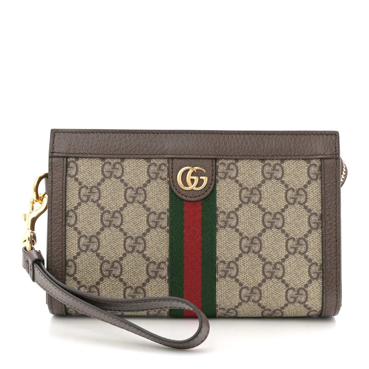 GG Supreme Monogram Web Ophidia Wristlet Brown