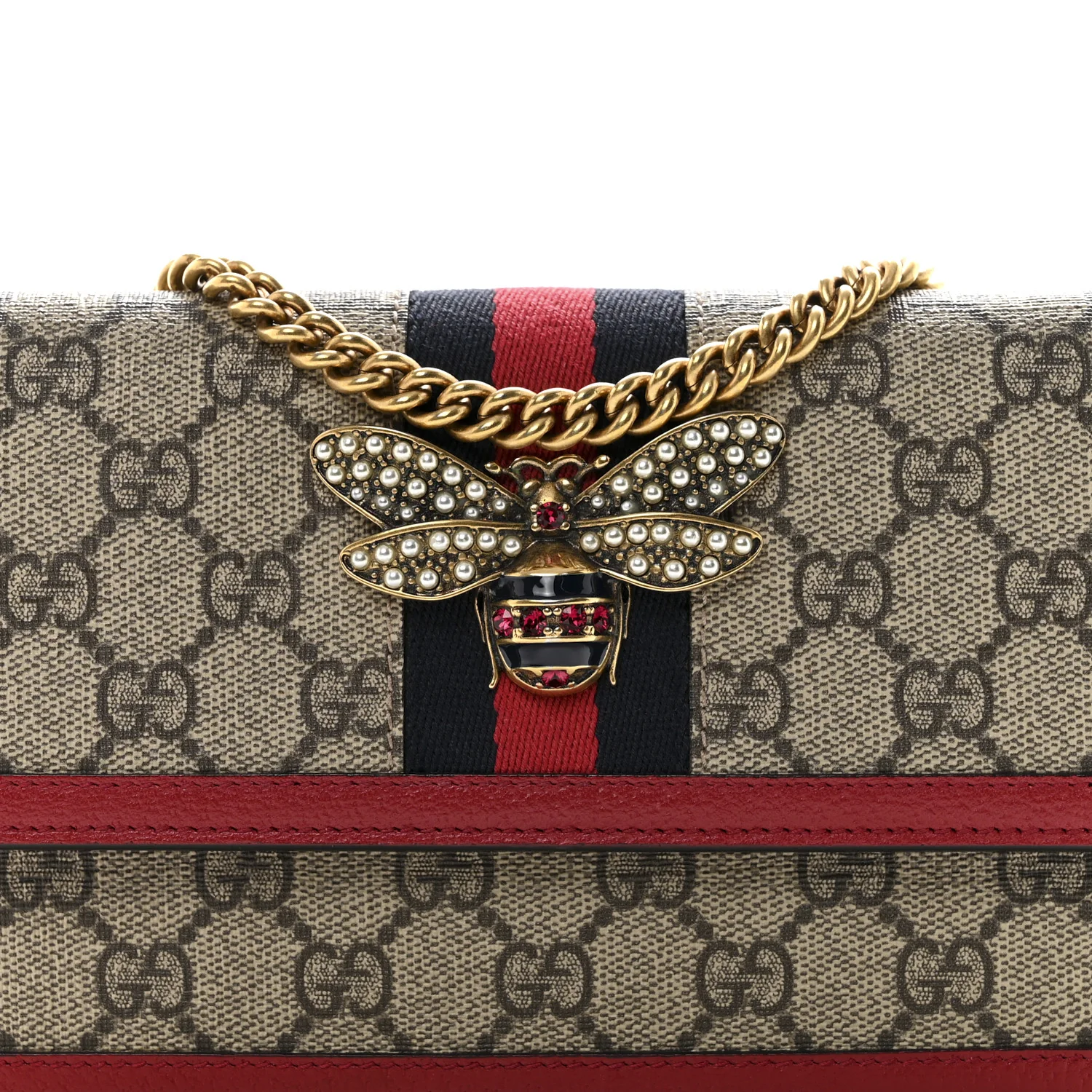 GG Supreme Monogram Web Queen Margaret Chain Wallet Red - Image 5