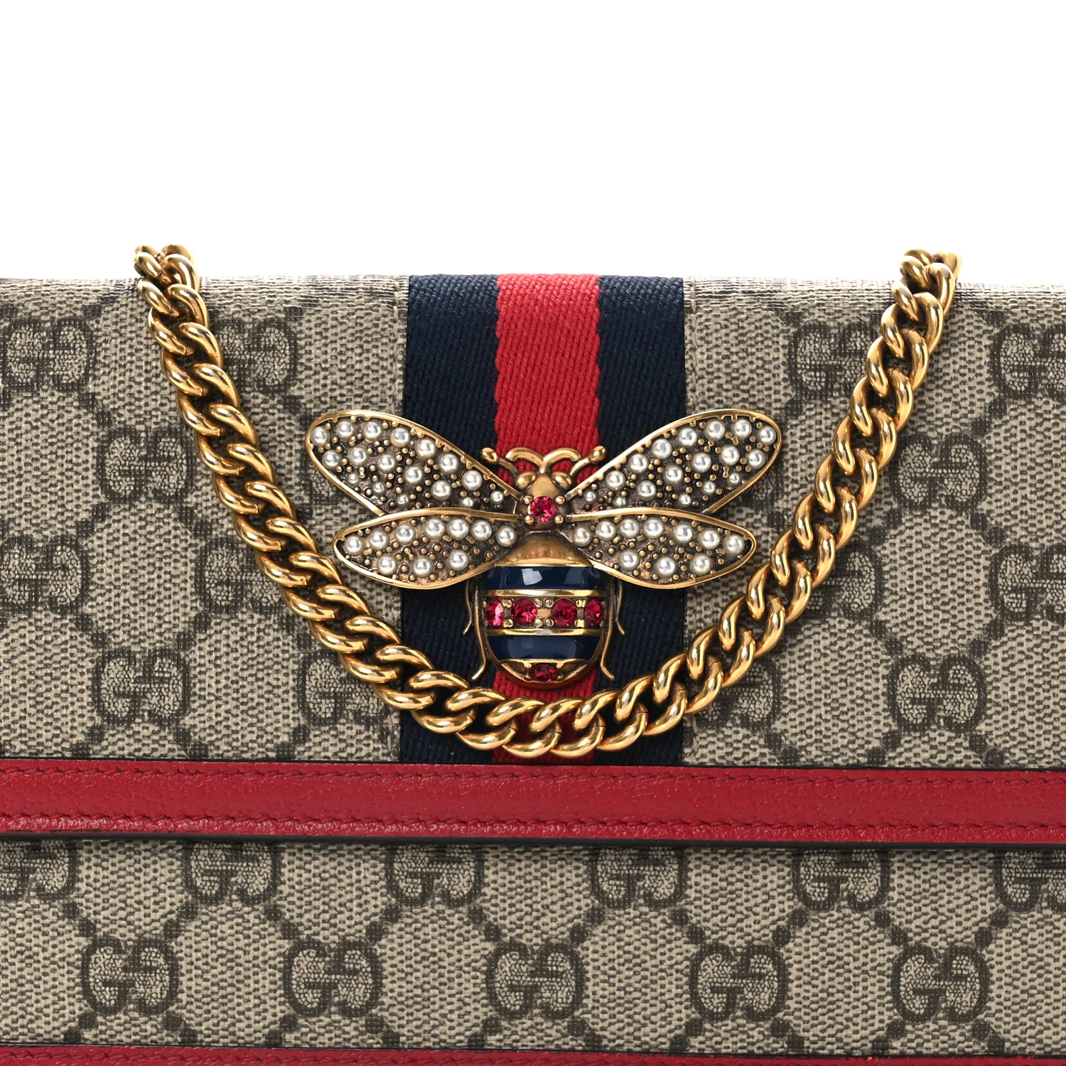 GG Supreme Monogram Web Queen Margaret Chain Wallet Red - Image 7