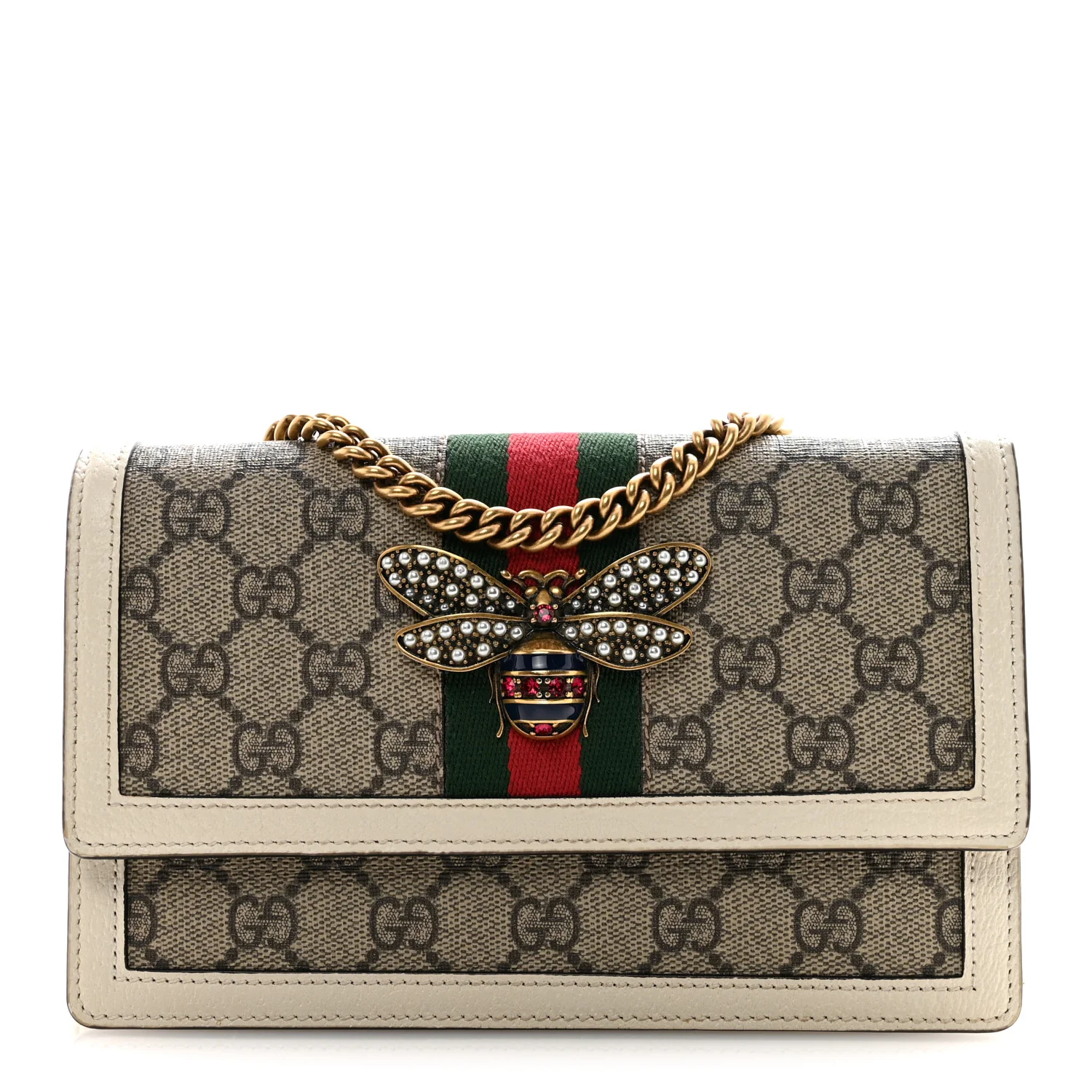 GG Supreme Monogram Web Queen Margaret Chain Wallet White
