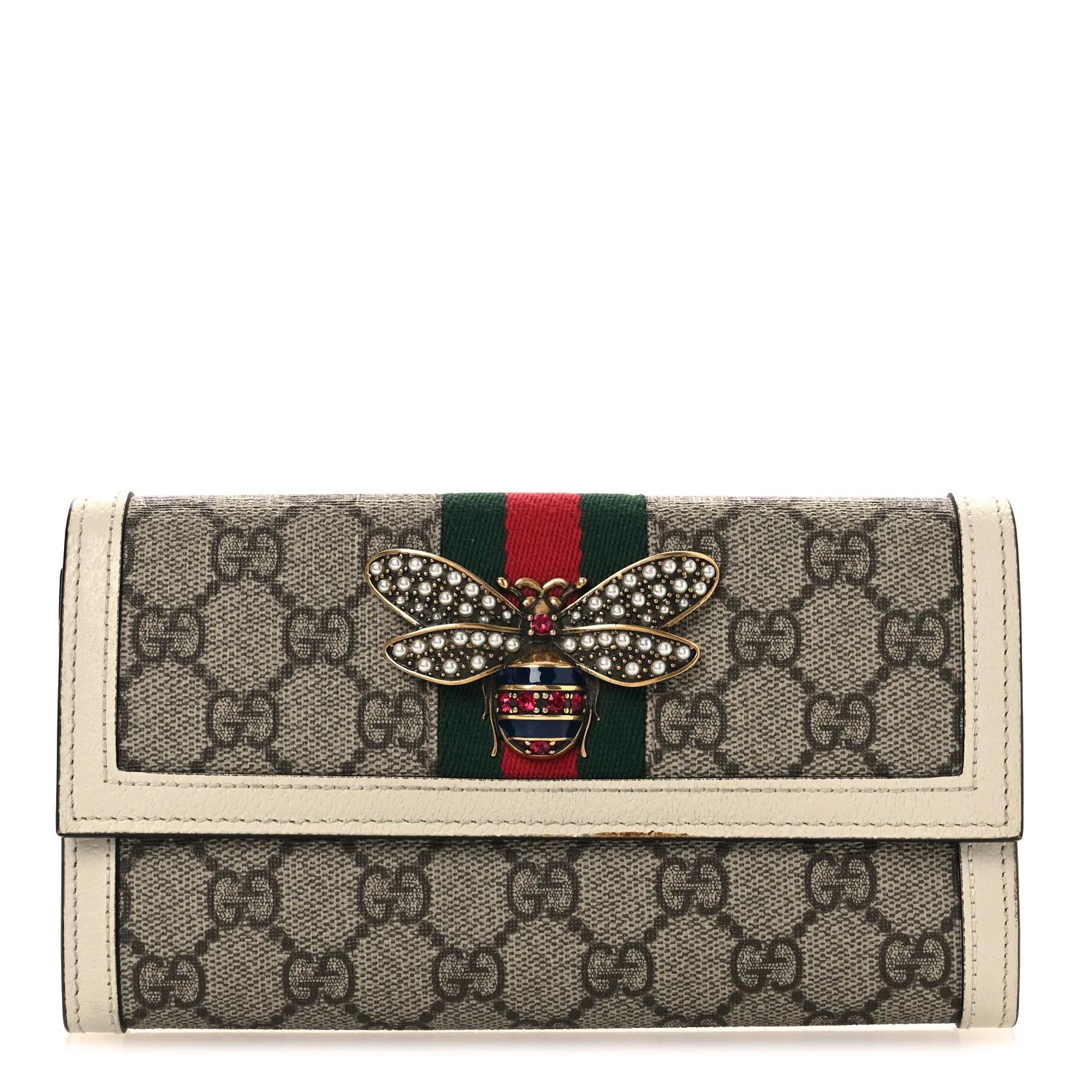 GG Supreme Monogram Web Queen Margaret Flap Wallet Beige Ebony Mystic White