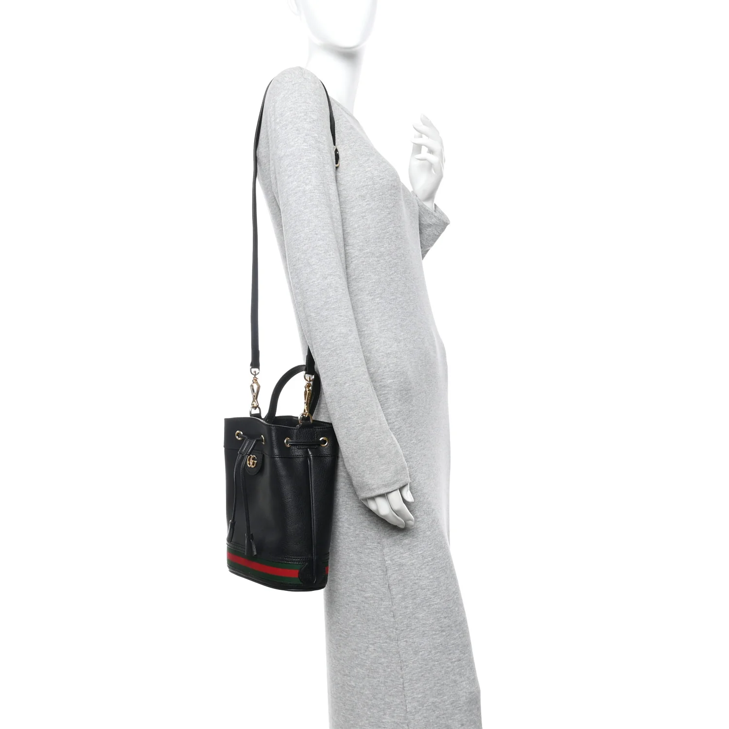 Glazed Textured Calfskin Web Small Ophidia Bucket Bag Black - Image 2