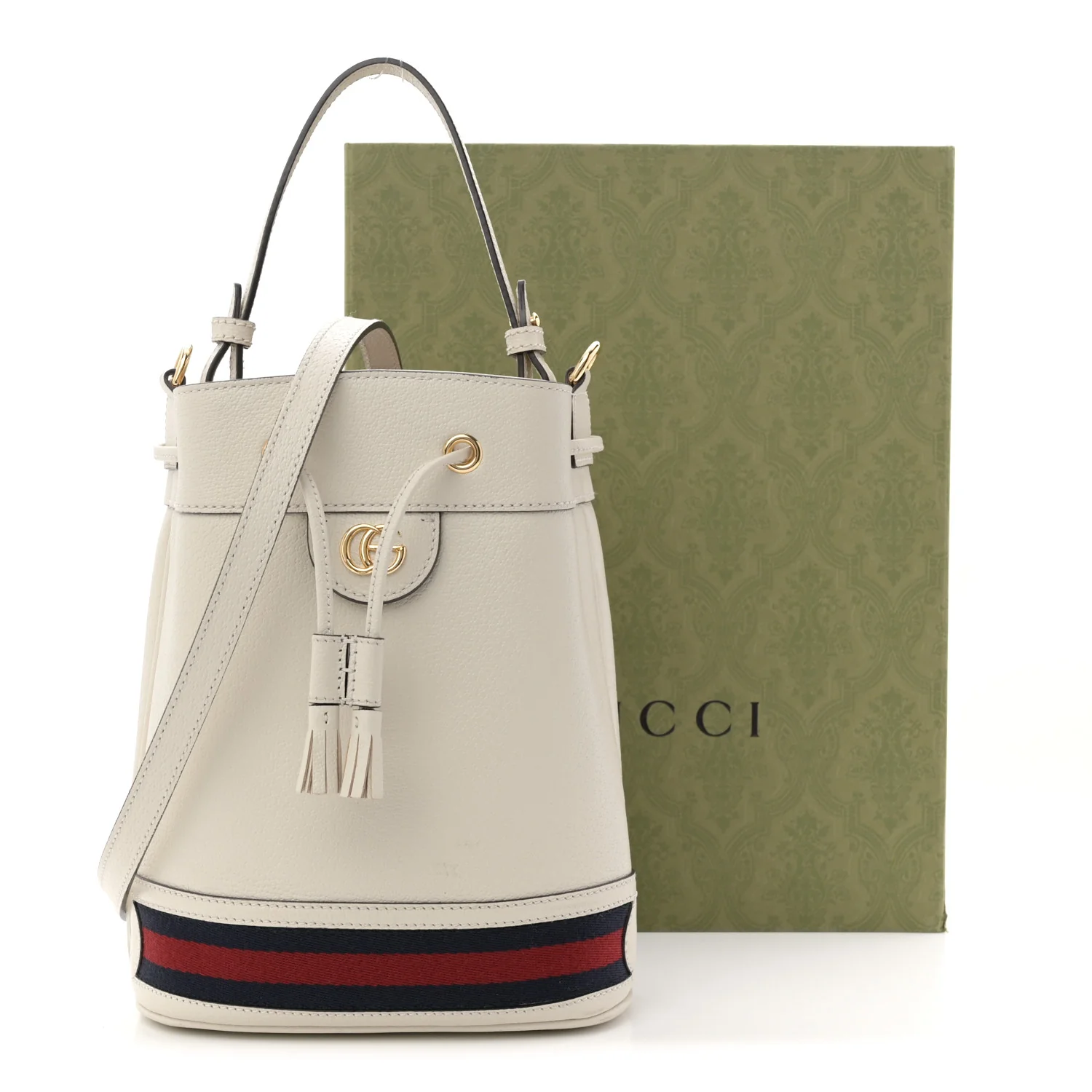 Glazed Textured Calfskin Web Small Ophidia Bucket Bag Mystic White - Image 12