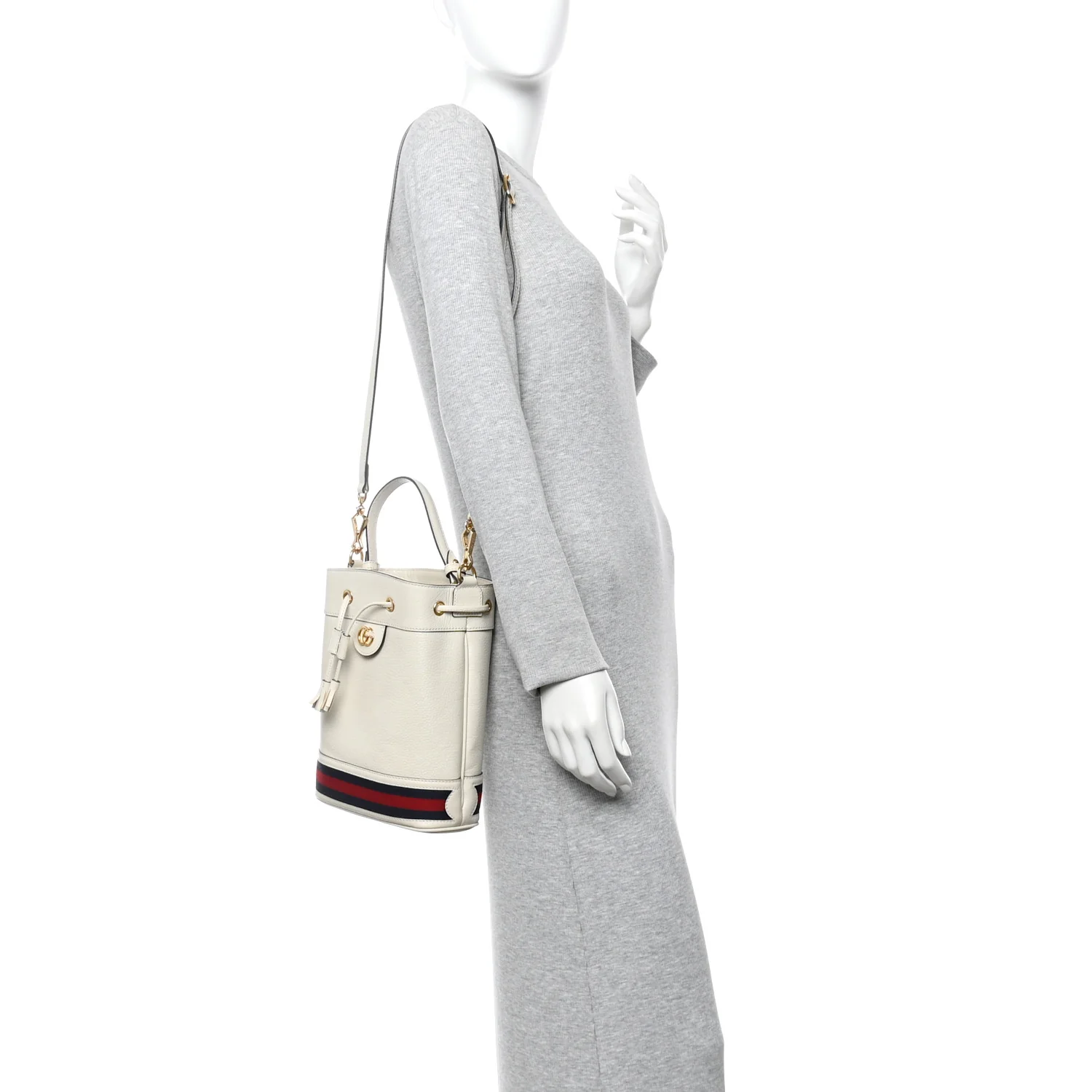Glazed Textured Calfskin Web Small Ophidia Bucket Bag Mystic White - Image 2