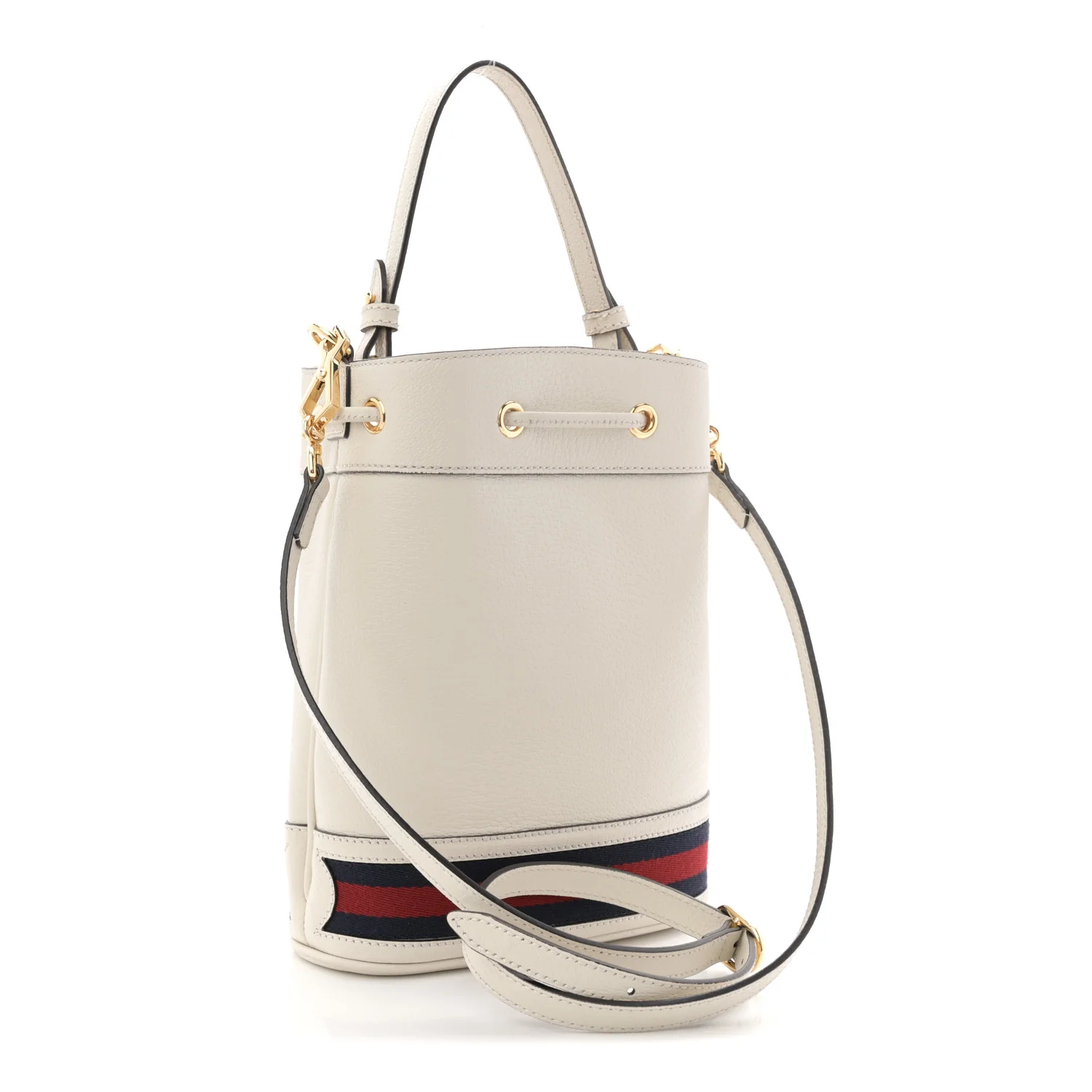 Glazed Textured Calfskin Web Small Ophidia Bucket Bag Mystic White - Image 3