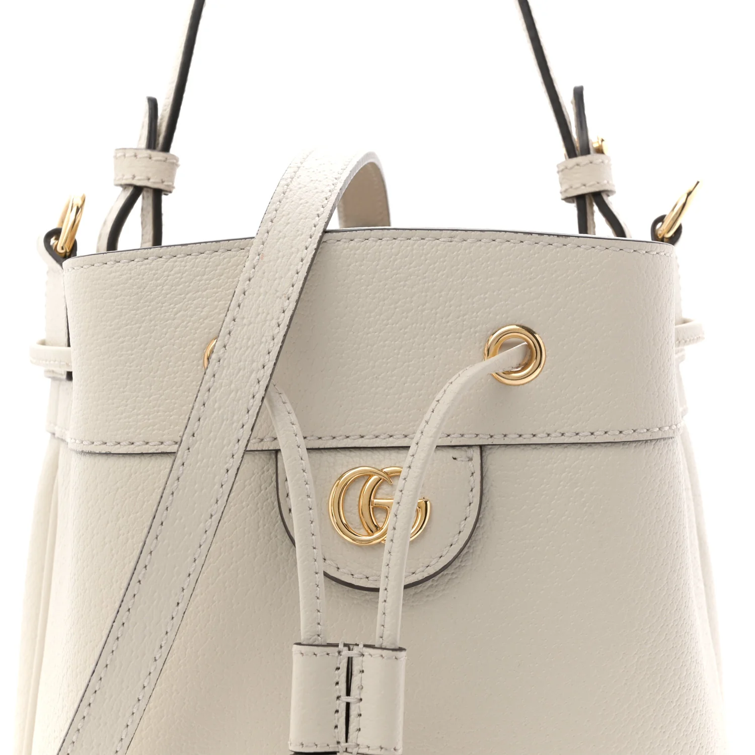 Glazed Textured Calfskin Web Small Ophidia Bucket Bag Mystic White - Image 8