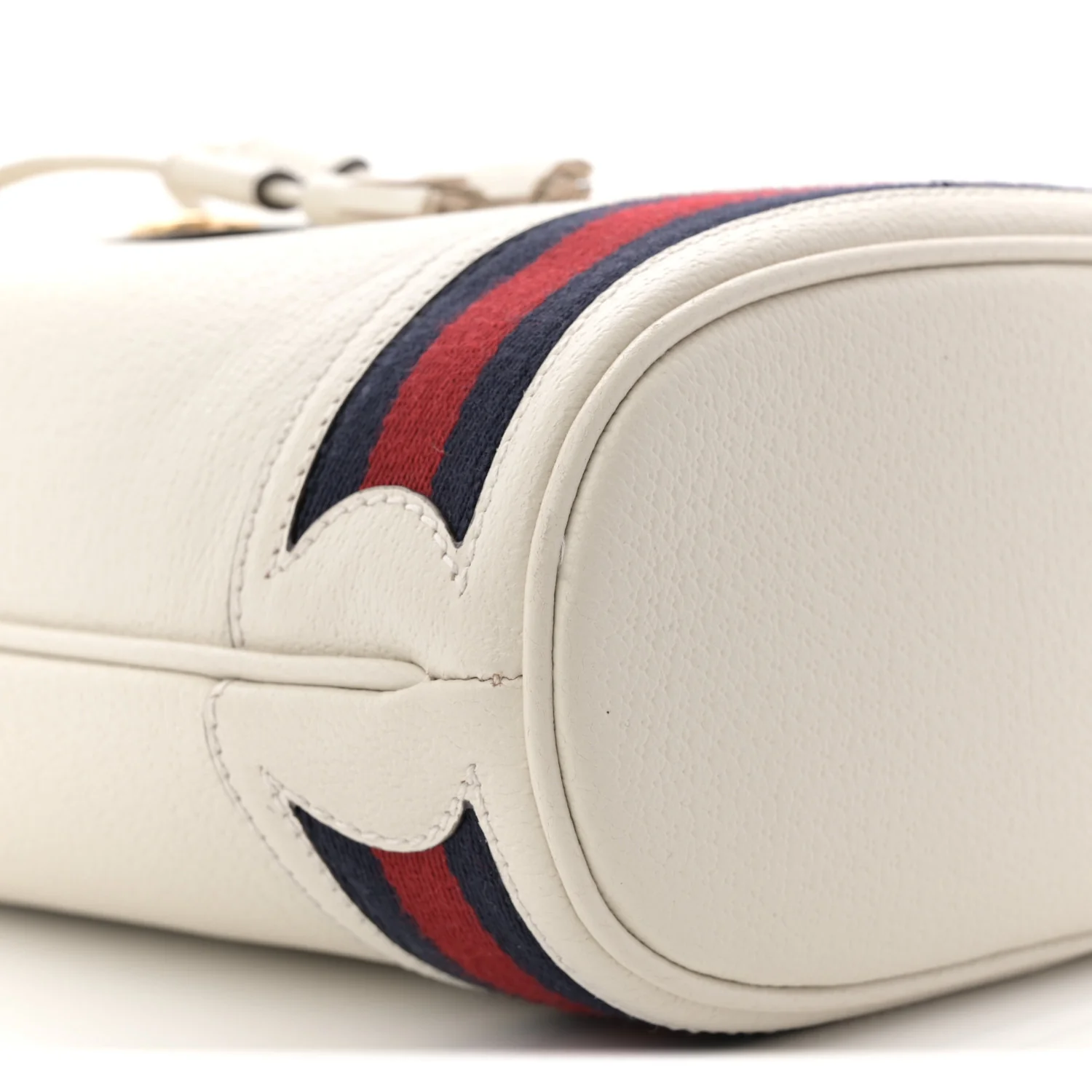 Glazed Textured Calfskin Web Small Ophidia Bucket Bag Mystic White - Image 9