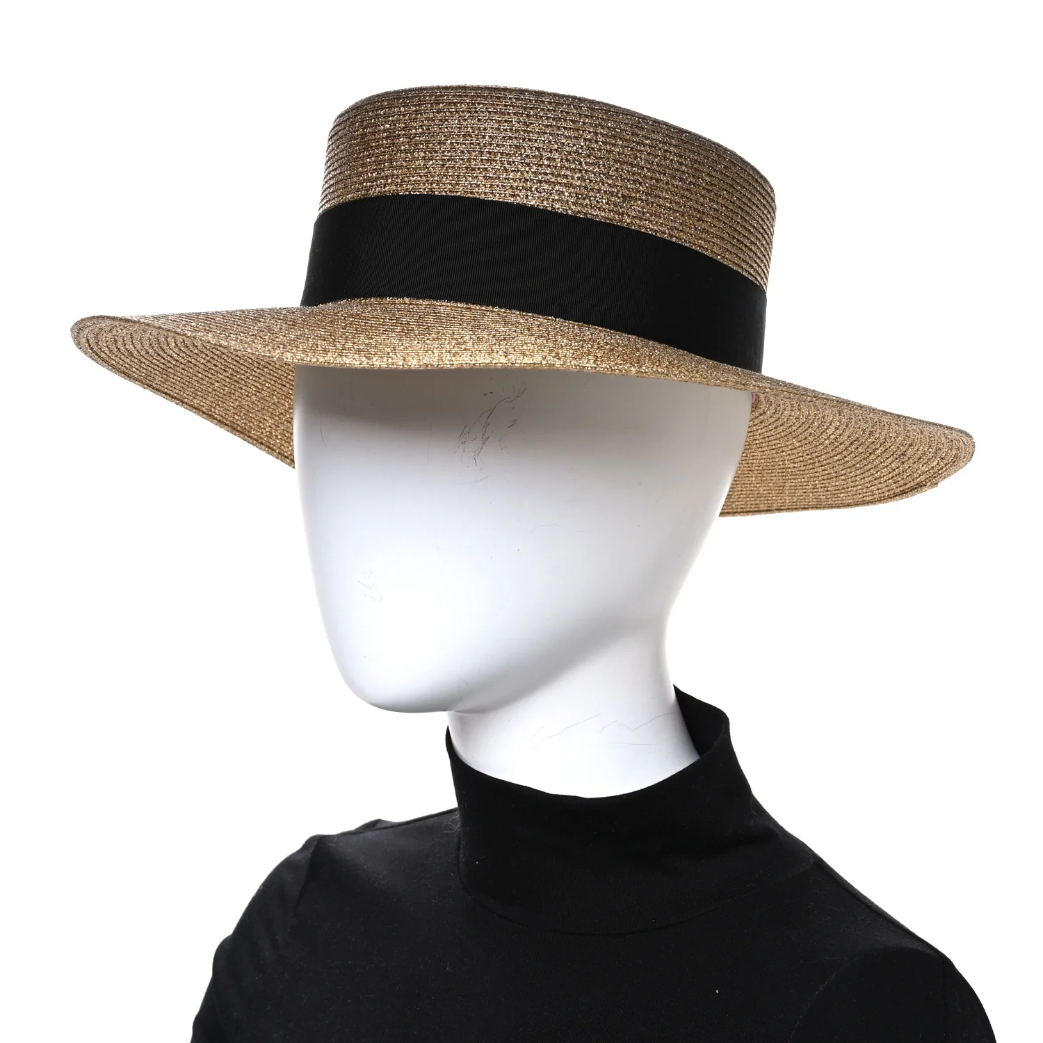 Glittered Straw Grosgrain Wide Brim Hat M Gold Black - Image 2