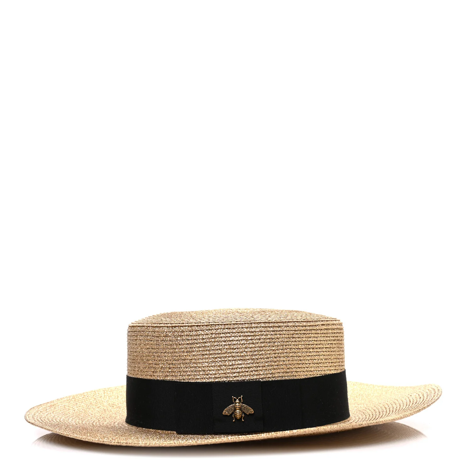 Glittered Straw Grosgrain Wide Brim Hat M Gold Black - Image 5