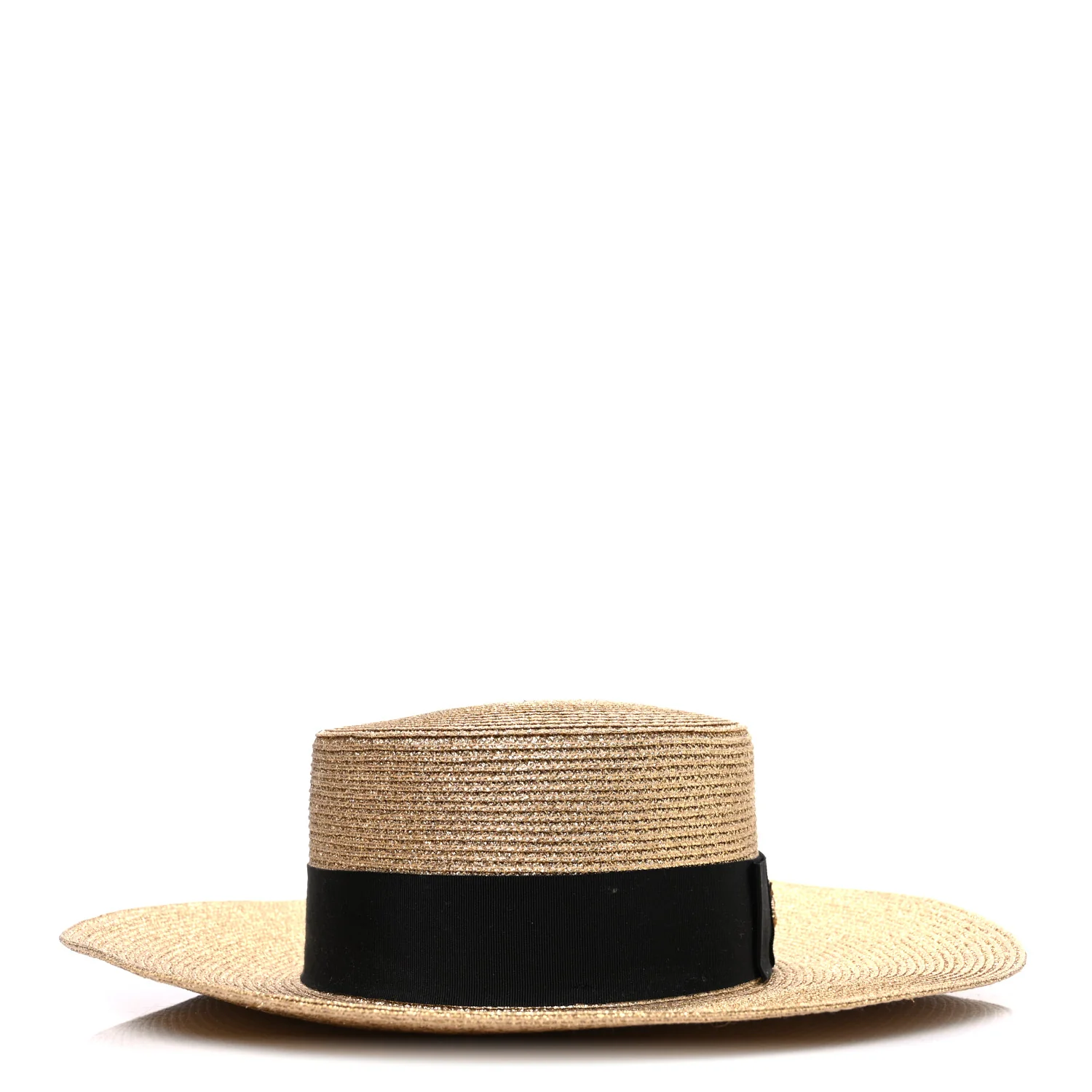 Glittered Straw Grosgrain Wide Brim Hat M Gold Black - Image 6