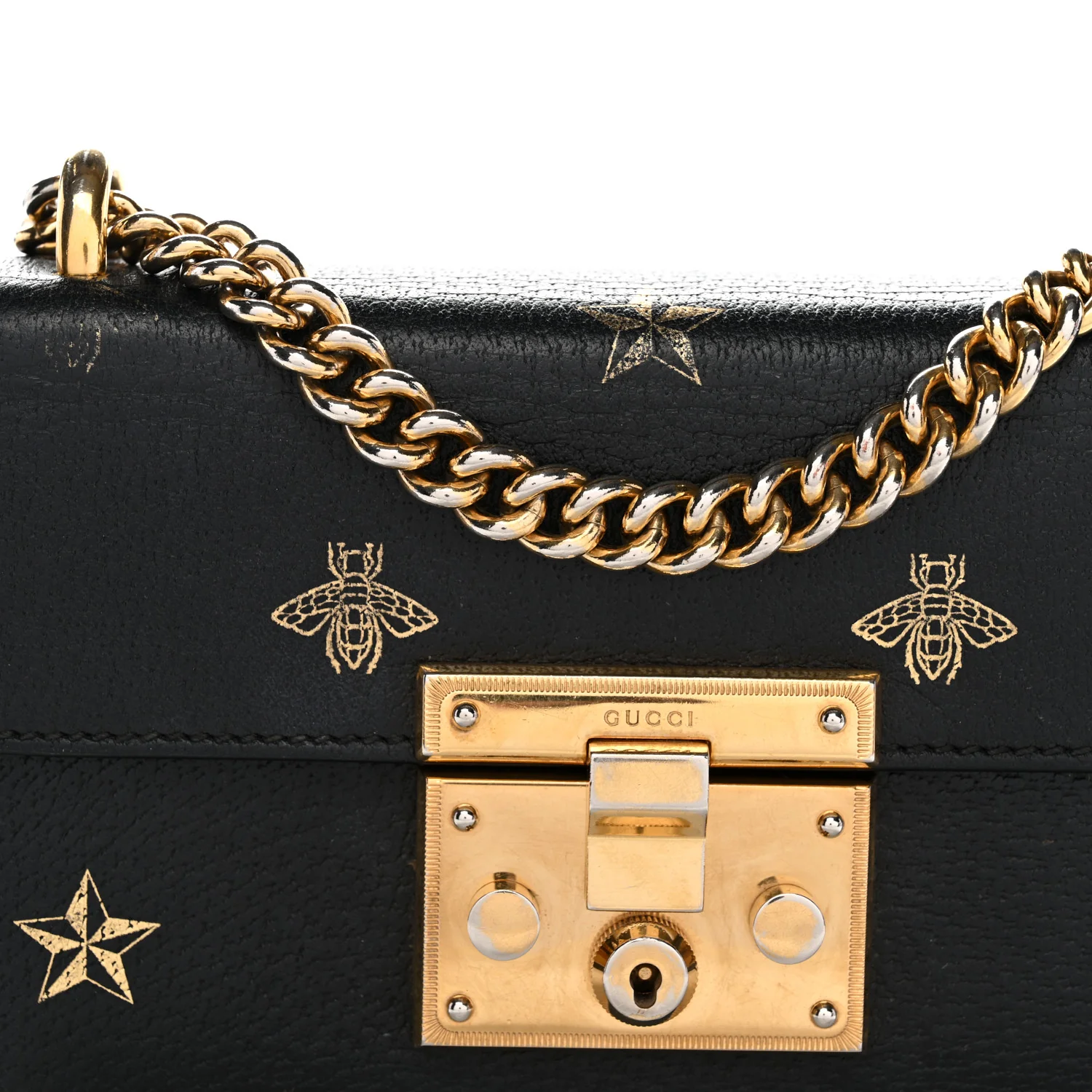 Grained Calfskin Bee Star Small Padlock Shoulder Bag Black - Image 8