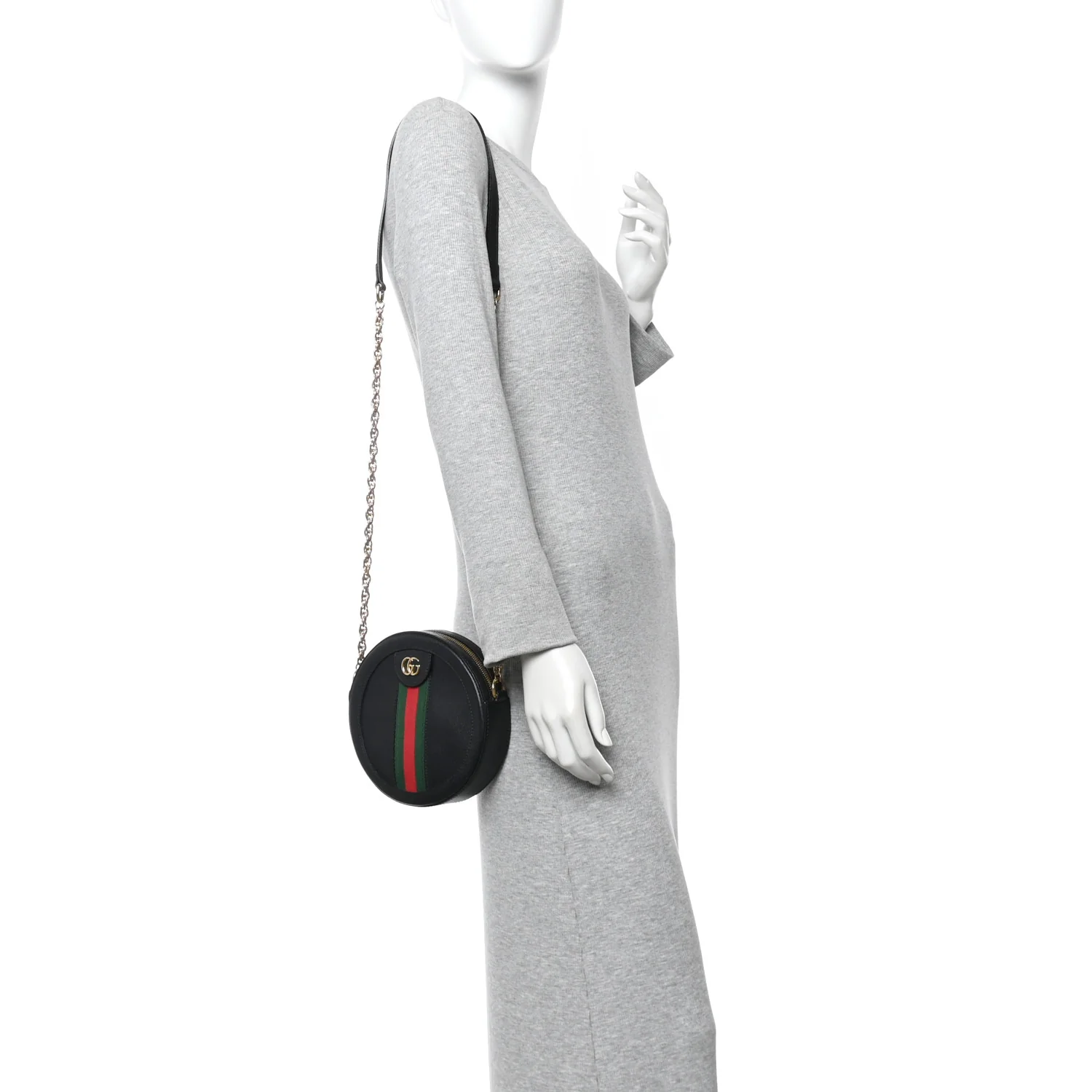 Grained Calfskin Web Mini Ophidia Round Shoulder Bag Black - Image 2