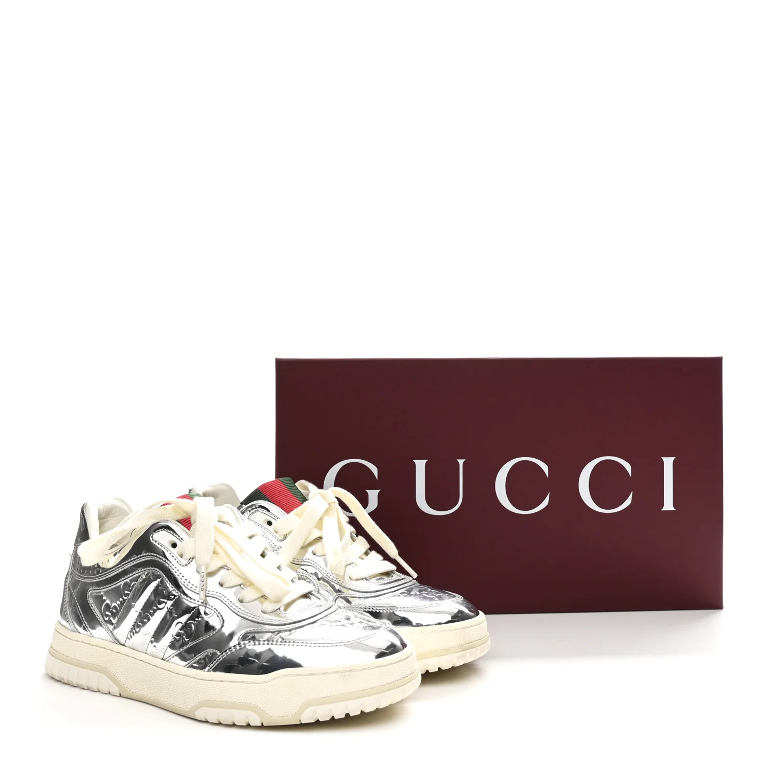 Guccissima Mirror Effect Womens Re-Web Sneakers 37.5 Silver - Image 11