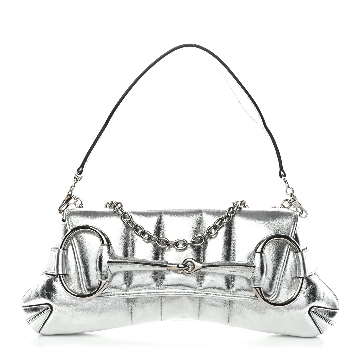 Iridescent Nappa Vertical Matelasse Medium Maxi Horsebit Chain Shoulder Bag Silver