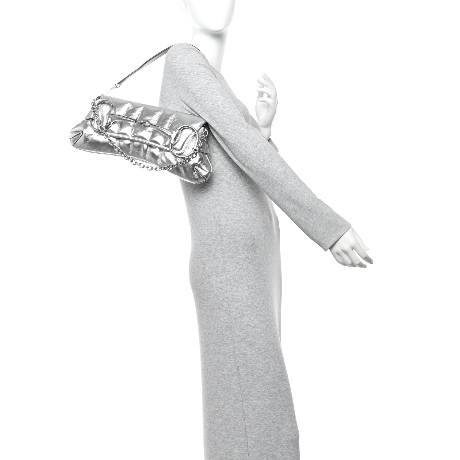 Iridescent Nappa Vertical Matelasse Medium Maxi Horsebit Chain Shoulder Bag Silver - Image 4