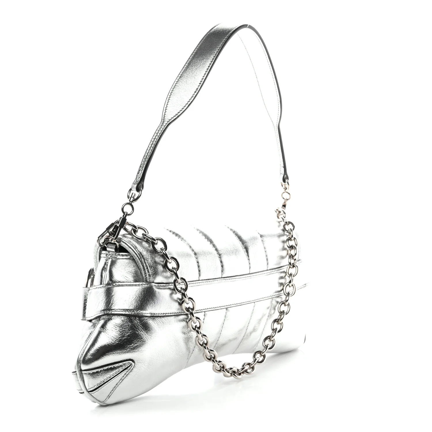 Iridescent Nappa Vertical Matelasse Medium Maxi Horsebit Chain Shoulder Bag Silver - Image 5