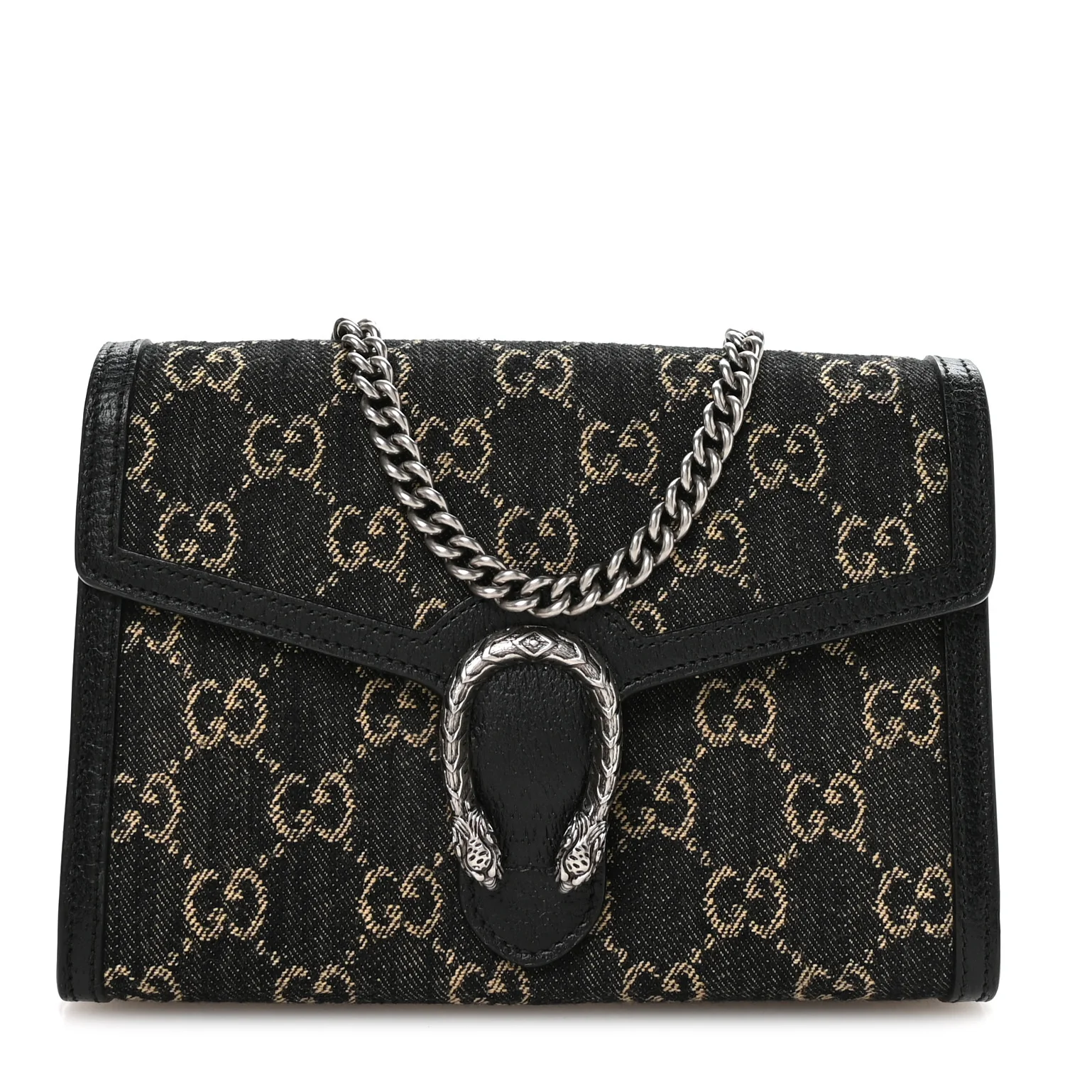Jacquard Black Denim GG Monogram Mini Dionysus Chain Wallet Black Ivory