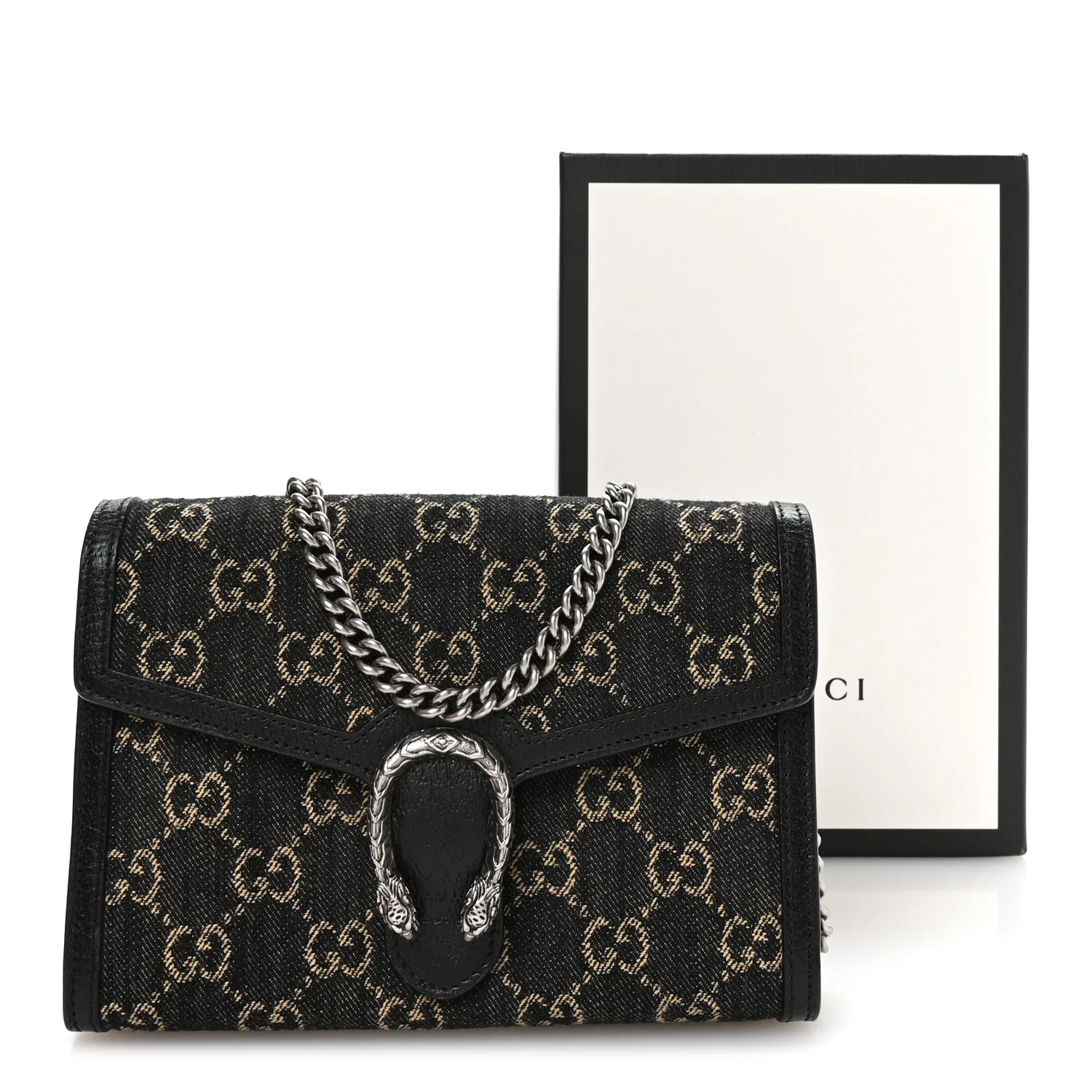 Jacquard Black Denim GG Monogram Mini Dionysus Chain Wallet Black Ivory - Image 11