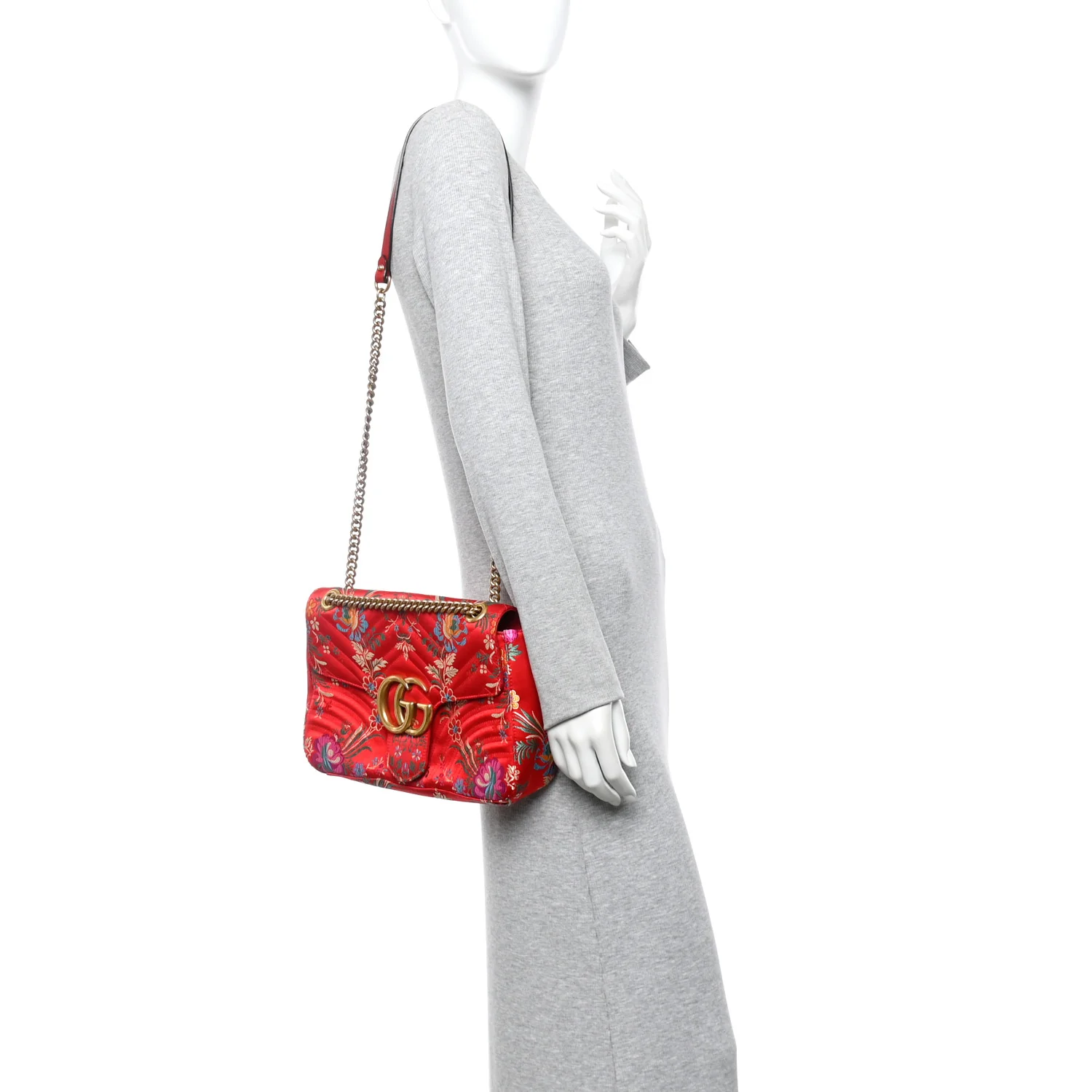 Jacquard Matelasse Floral Medium GG Marmont Shoulder Bag Red - Image 2