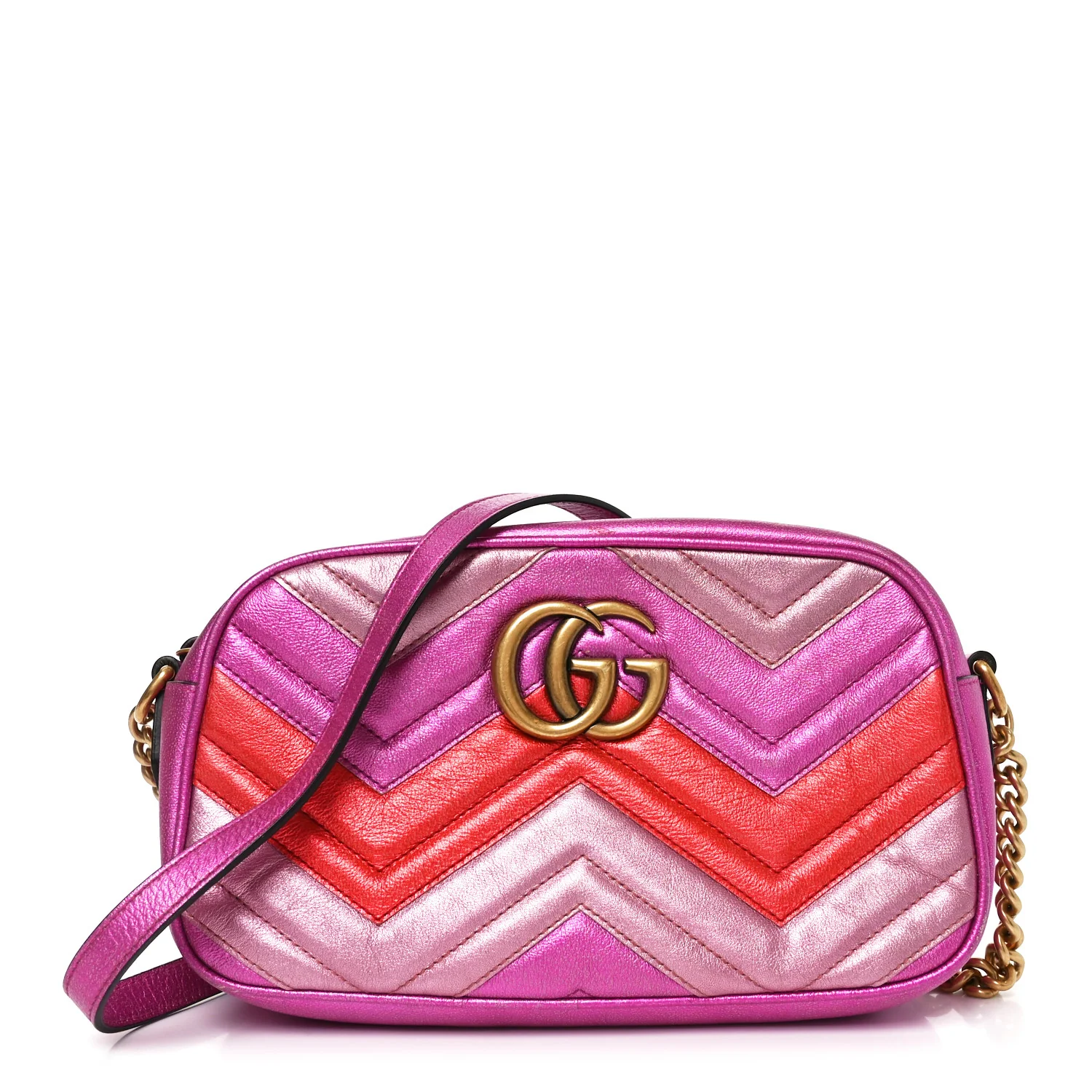 Laminated Nappa Matelasse Small GG Marmont Chain Shoulder Bag Fuxia Rosso Rosa