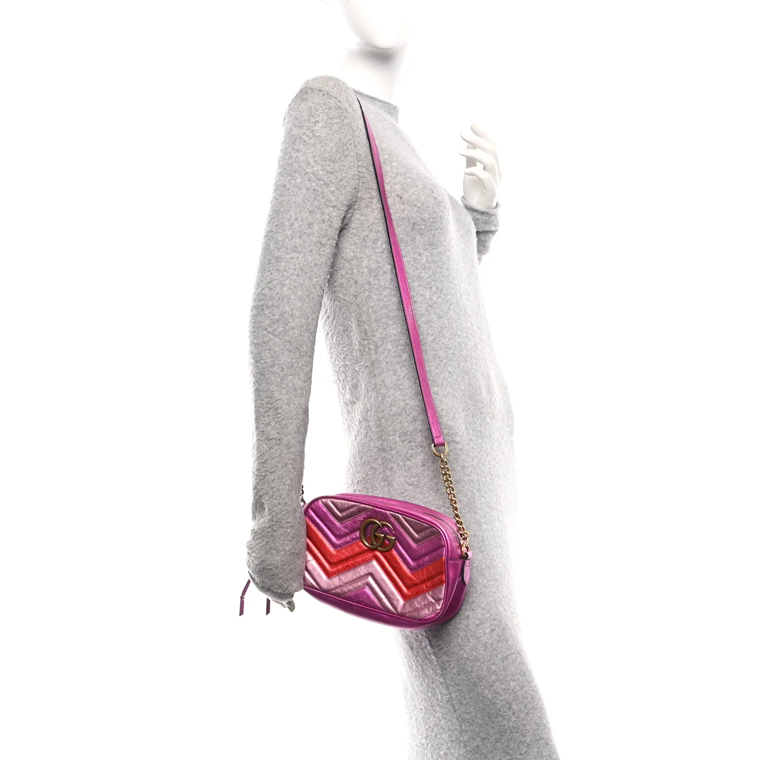 Laminated Nappa Matelasse Small GG Marmont Chain Shoulder Bag Fuxia Rosso Rosa - Image 2