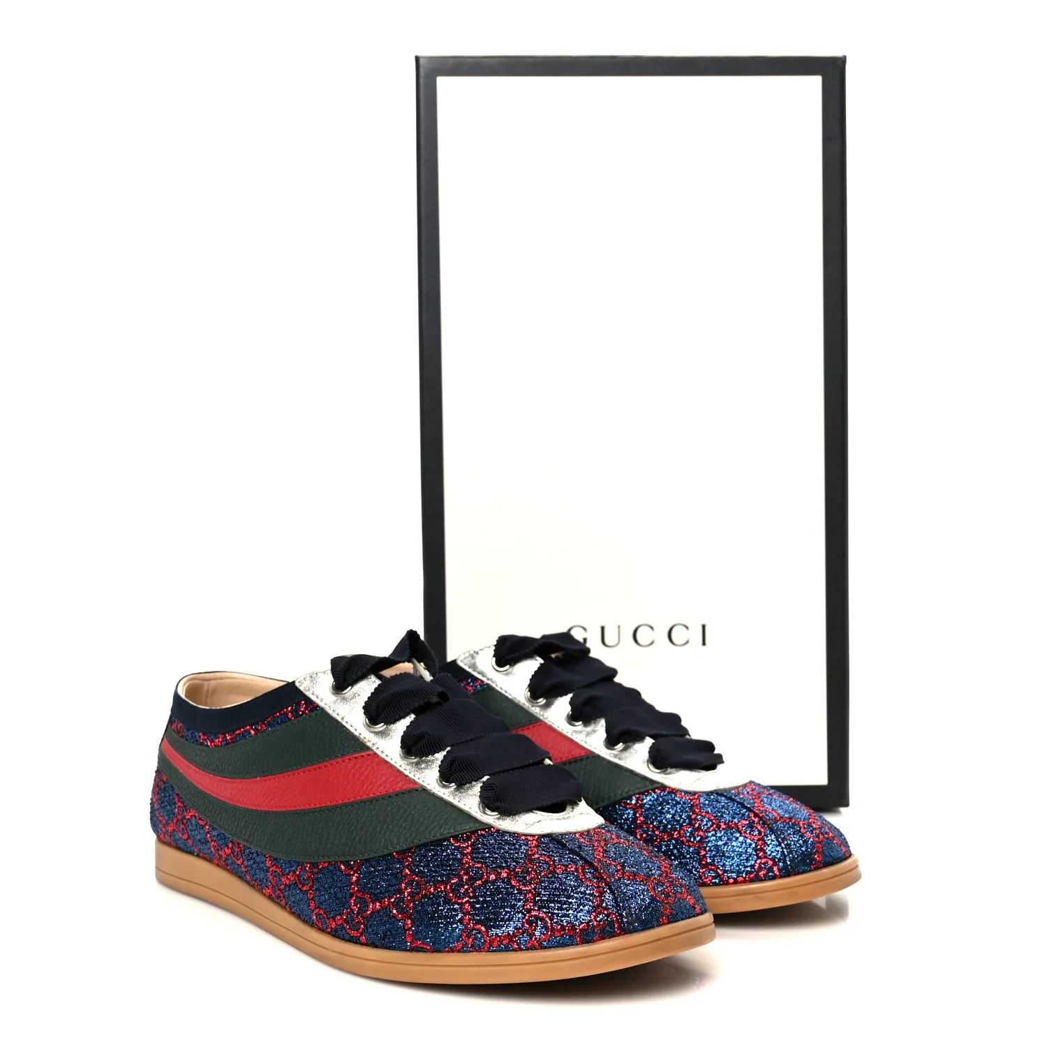 Lurex Calfskin Web GG Monogram Mens Falacer Sneakers 8.5 Iridescent Blue Iridescent Red Silver - Image 11