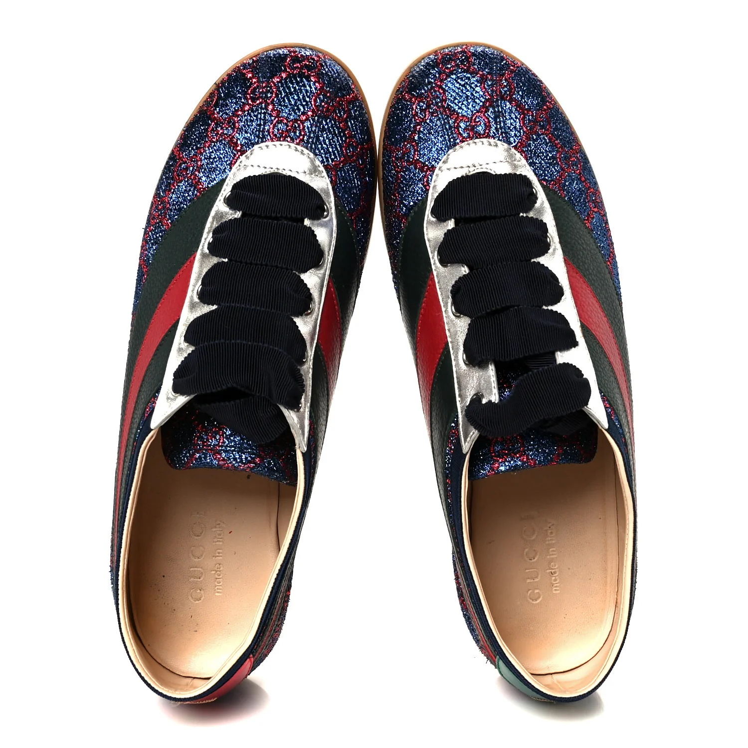 Lurex Calfskin Web GG Monogram Mens Falacer Sneakers 8.5 Iridescent Blue Iridescent Red Silver - Image 2