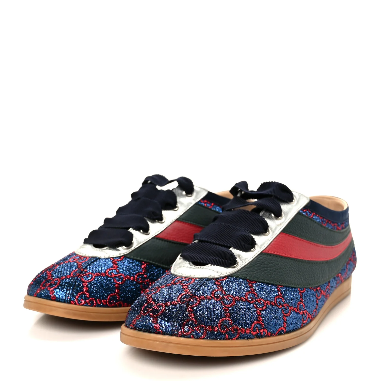 Lurex Calfskin Web GG Monogram Mens Falacer Sneakers 8.5 Iridescent Blue Iridescent Red Silver - Image 4
