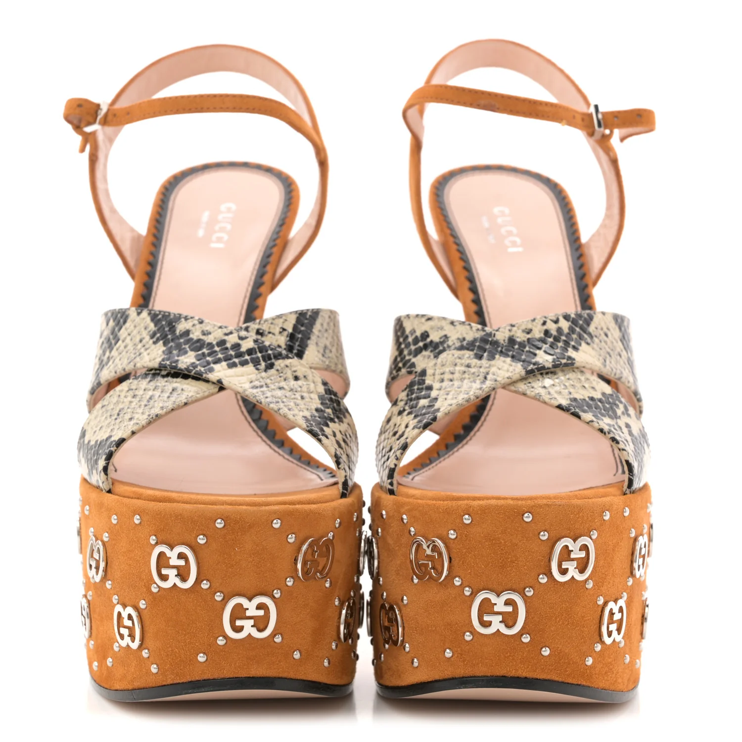 Malaga Kid Suede Snakeskin Interlocking G Studs 155mm Platform Sandals 37 Beige Cognac - Image 3