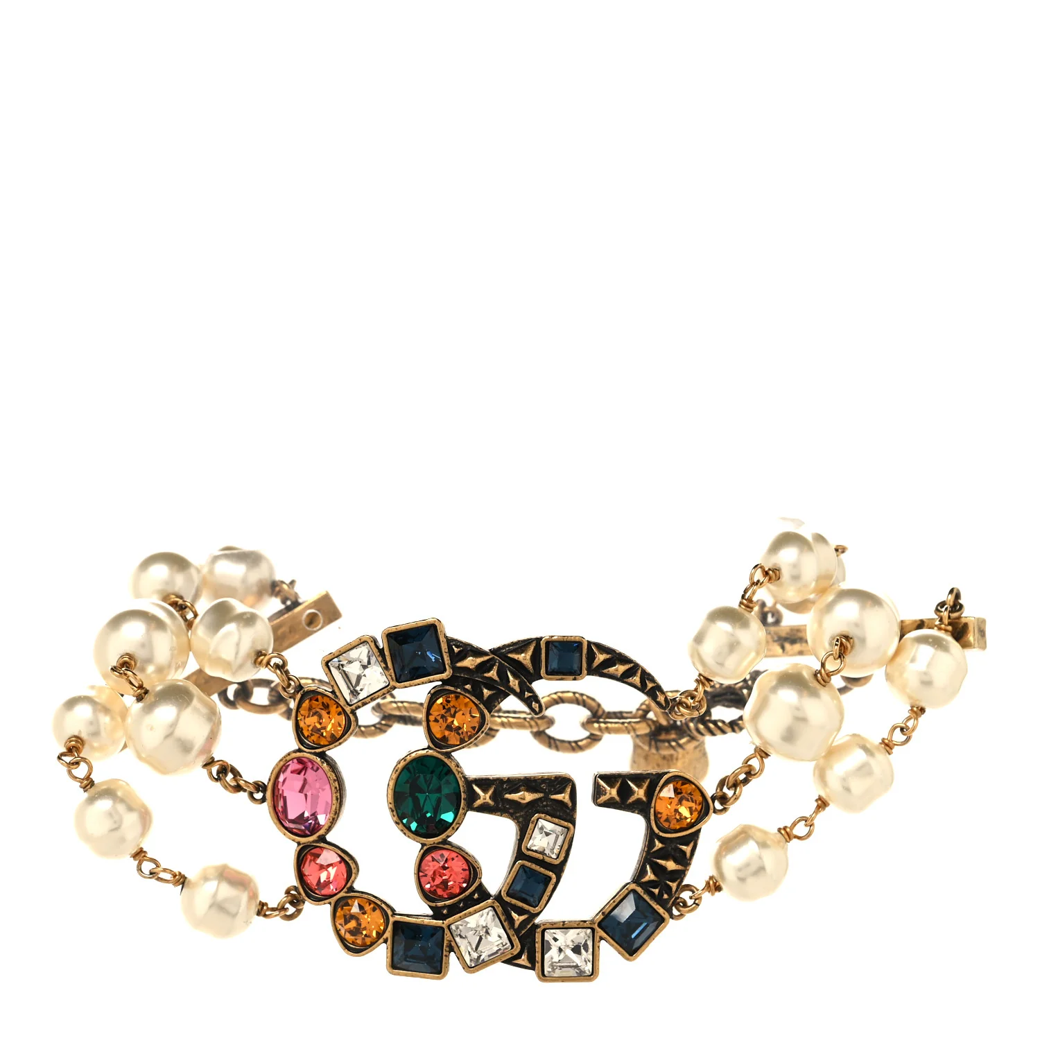 Metal Crystal Pearl Double G Bracelet Aged Gold Multicolor