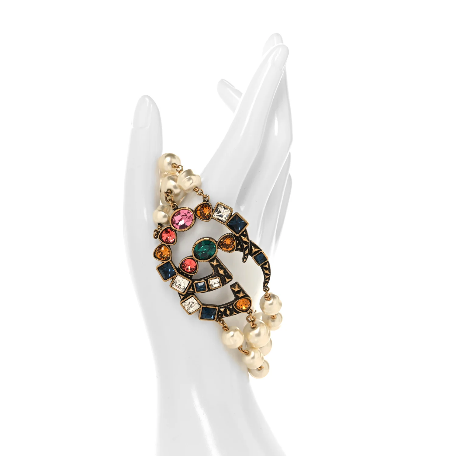 Metal Crystal Pearl Double G Bracelet Aged Gold Multicolor - Image 3