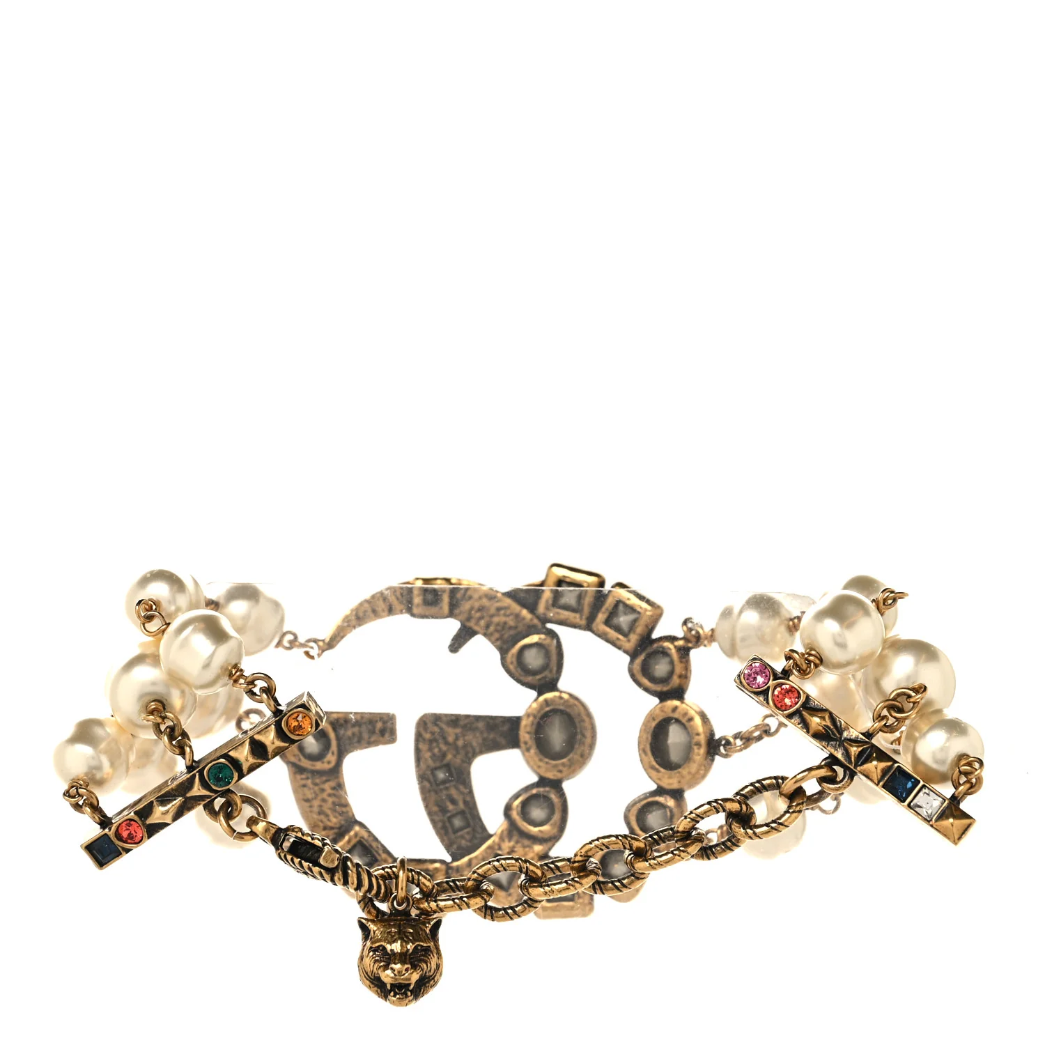 Metal Crystal Pearl Double G Bracelet Aged Gold Multicolor - Image 4