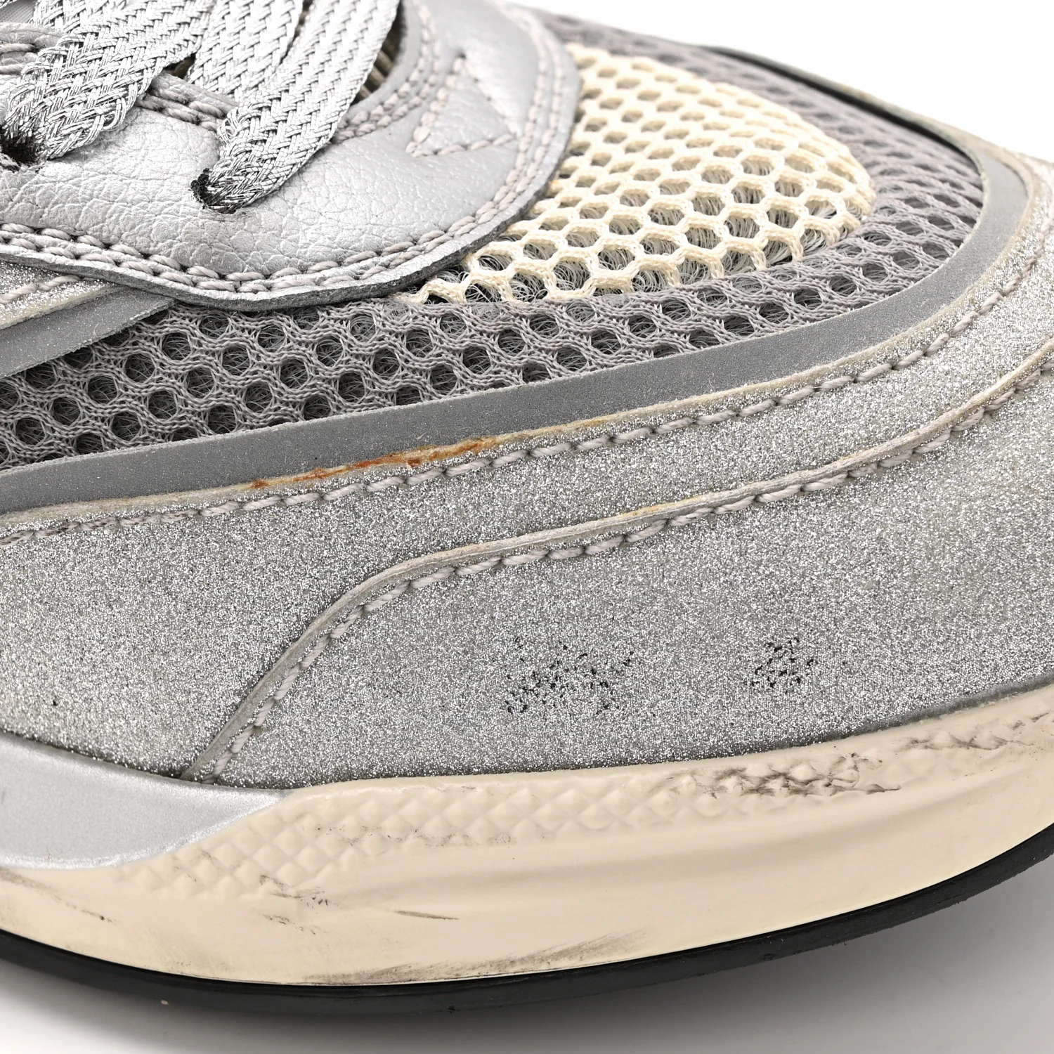 Metallic Calfskin Glitter Mesh Womens Ultrapace Sneakers 37.5 Silver Light Grey Mystic White - Image 12