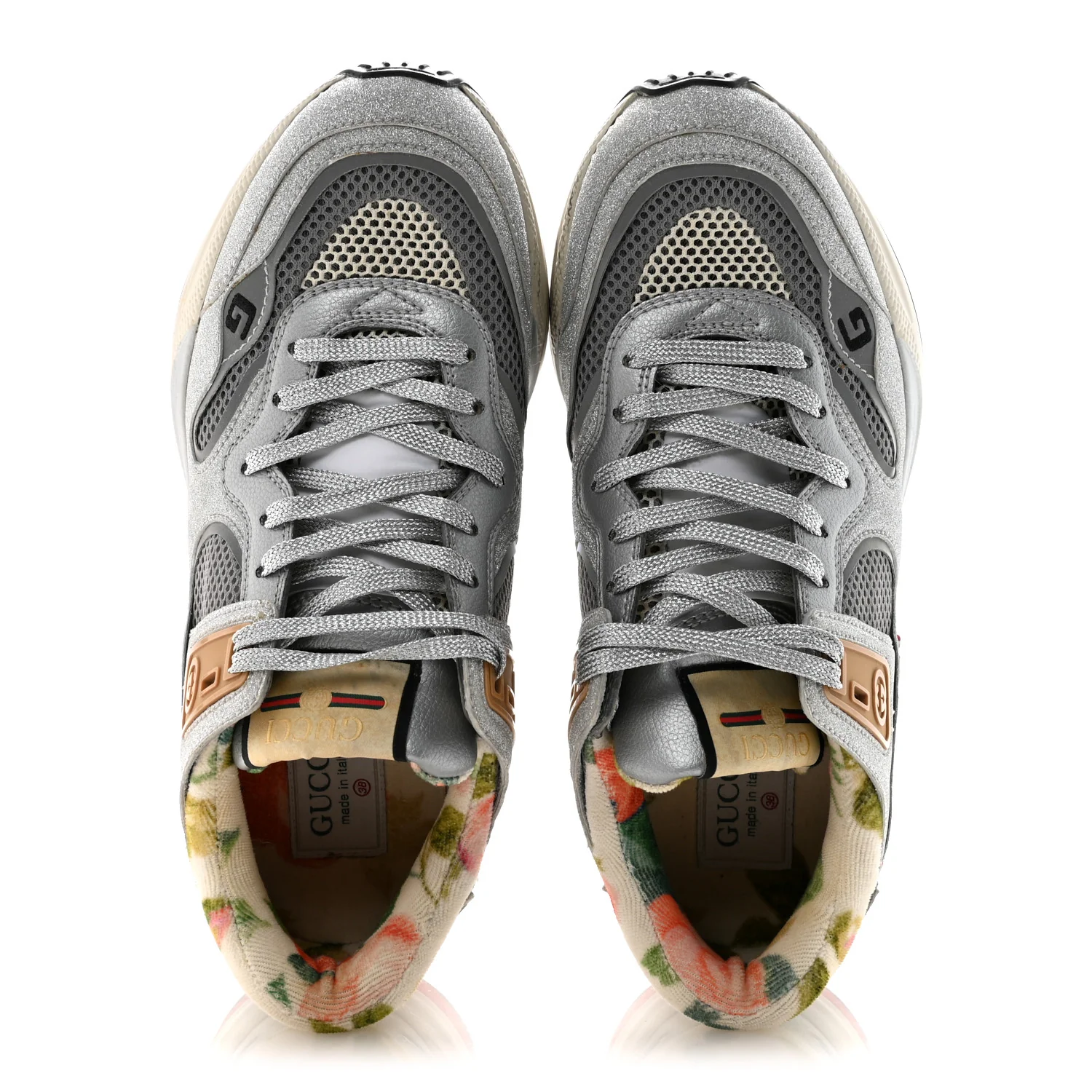 Metallic Calfskin Glitter Mesh Womens Ultrapace Sneakers 38 Silver Light Grey Mystic White - Image 2