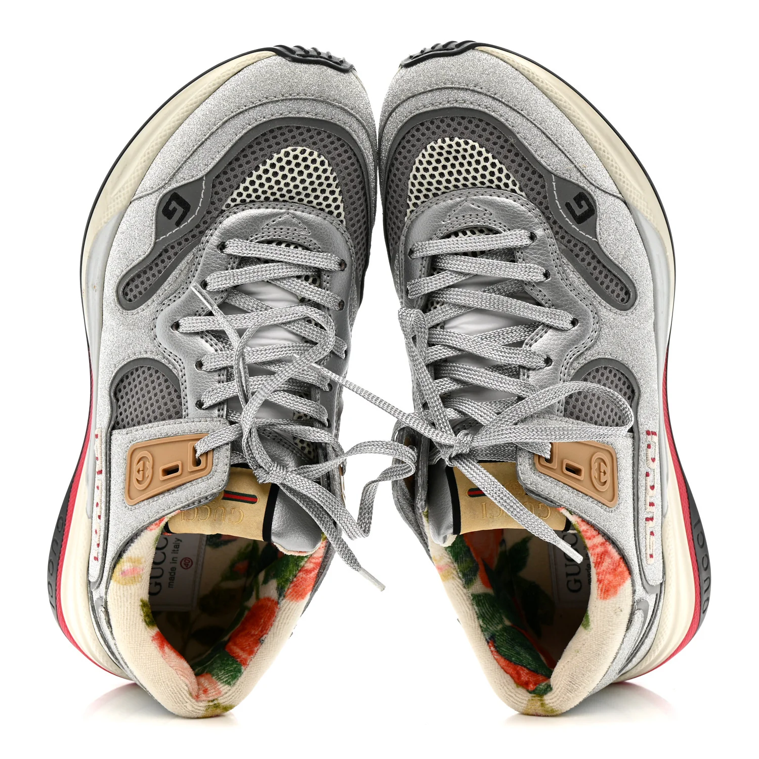 Metallic Calfskin Glitter Mesh Womens Ultrapace Sneakers 40 Silver Light Grey Mystic White - Image 2
