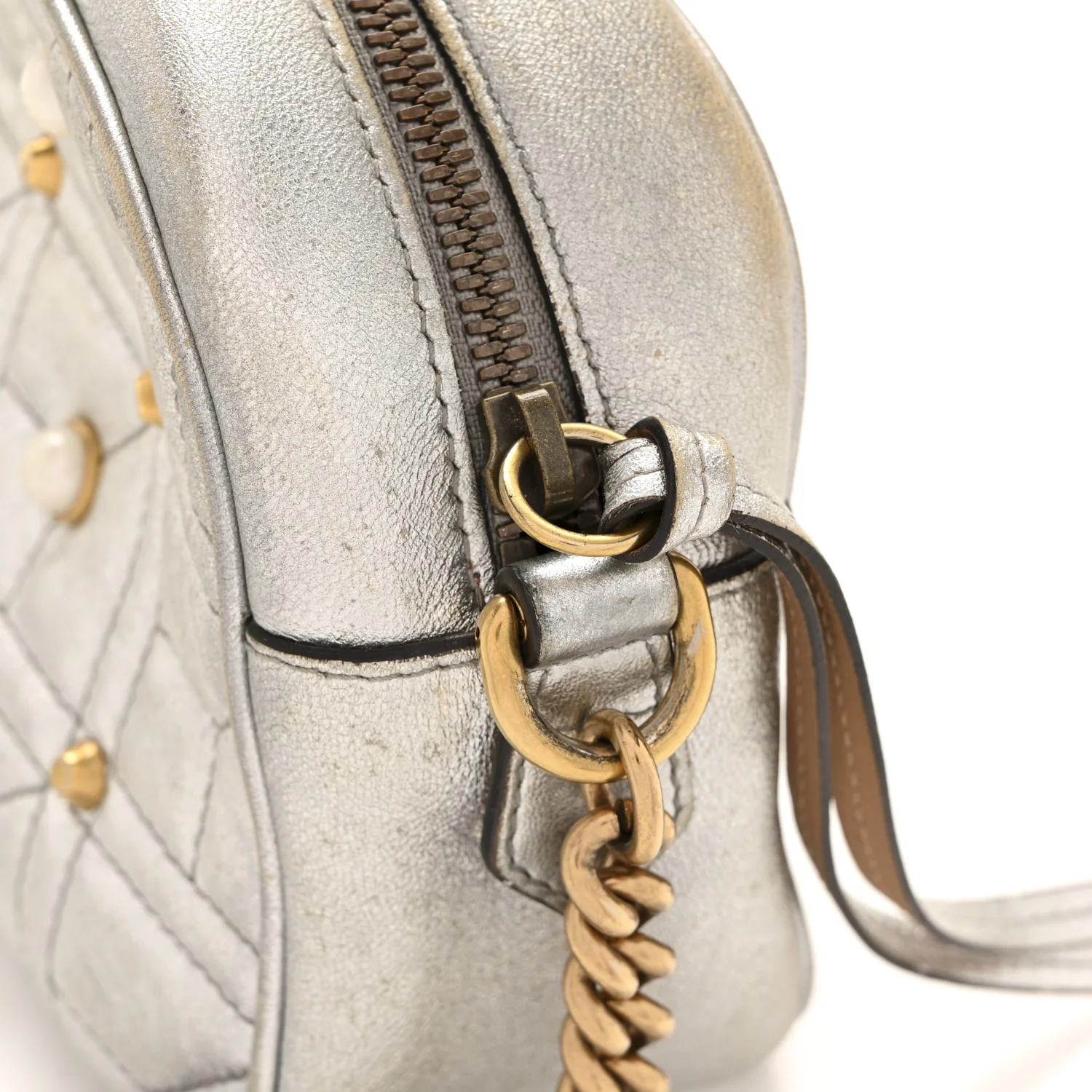 Metallic Calfskin Matelasse Studded Small Pearly GG Marmont Chain Shoulder Bag Silver - Image 11
